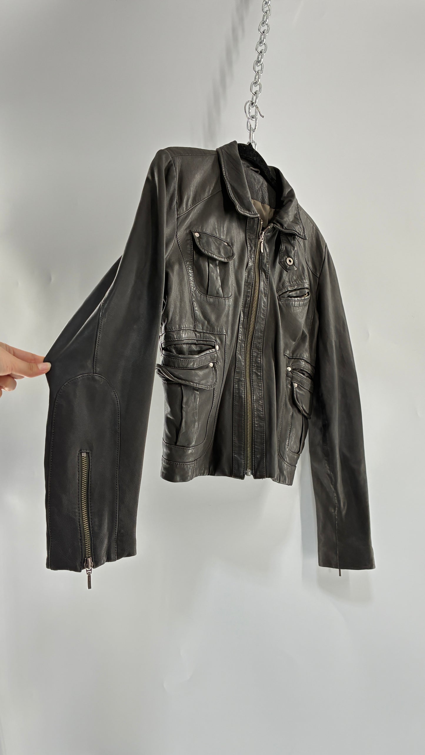 Vintage IDENTIFY Soft Genuine Leather Jacket with High Neck and Multi Pocket Details (Medium)