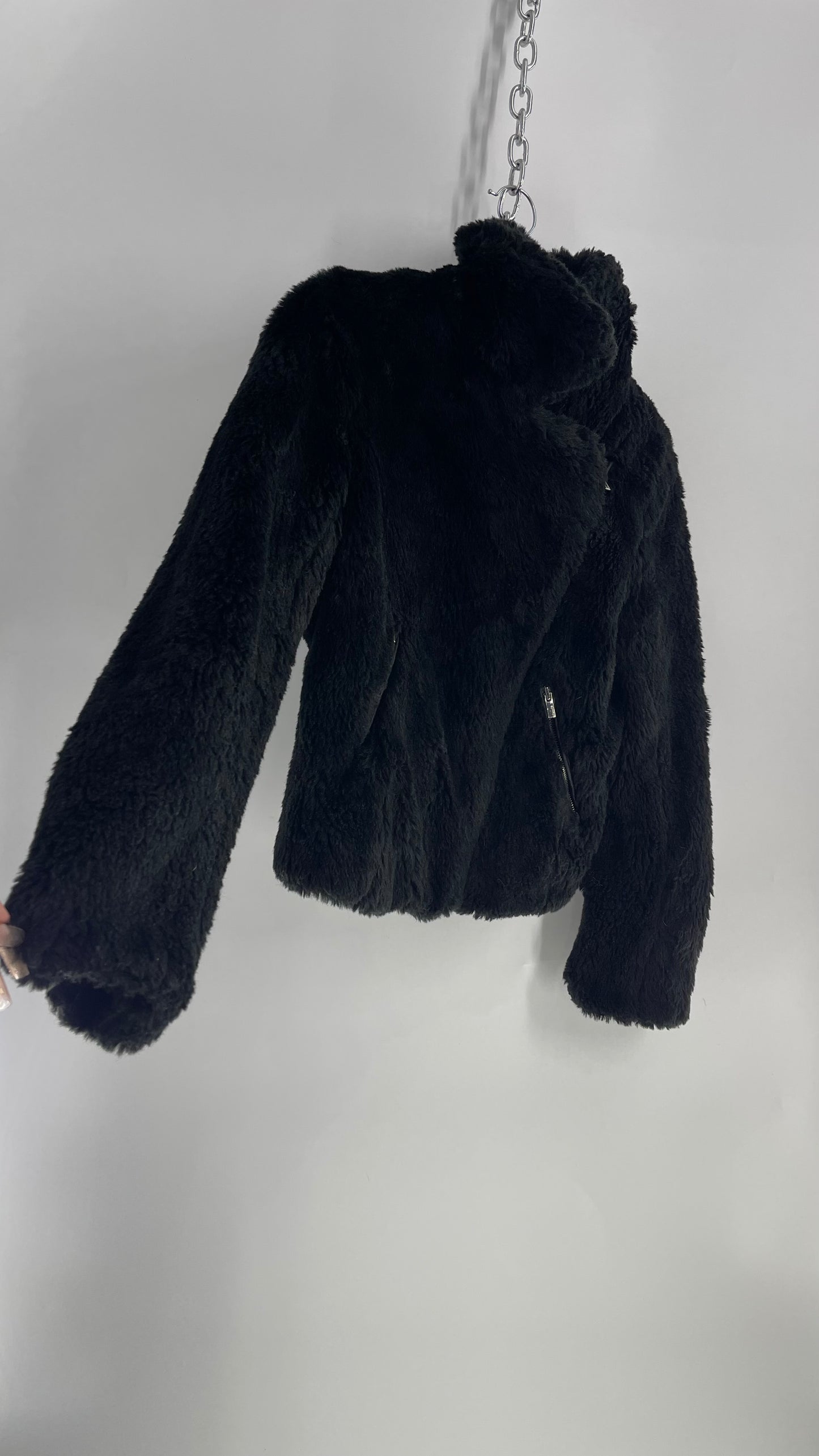 Vintage EXPRESS Fuzzy Black Motorcycle Jacket (Small)