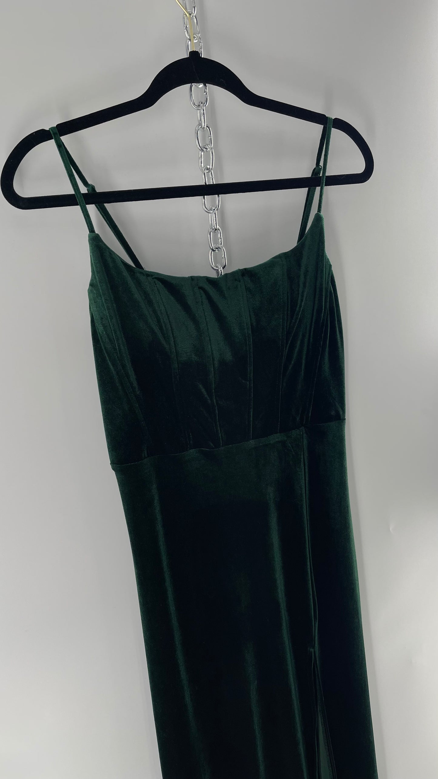 Windsor Forest Green Velvet Maxi Dress with Corseted Bust and Side Slit (11/12)