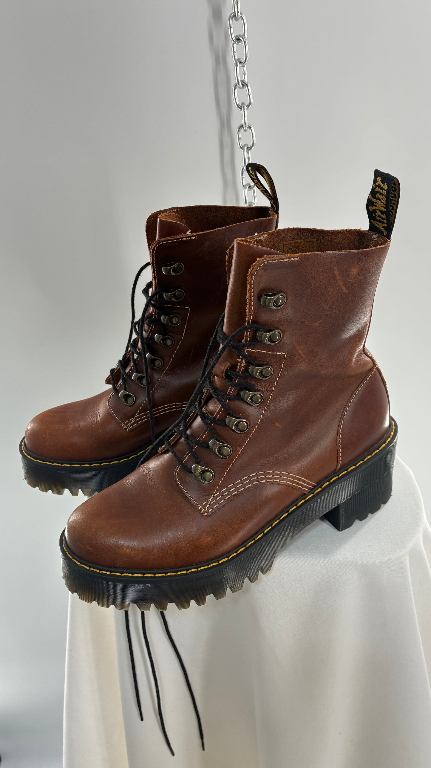 DR. MARTENS Leona Saddle Leather Platform Boots (9L)