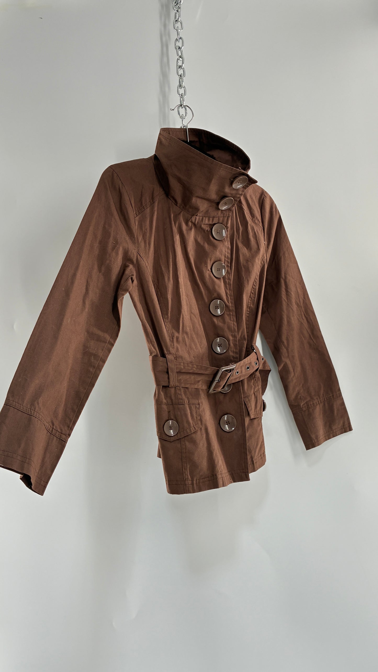 Vintage LAST KISS Brown Belted Trench Jacket with Pipe Neck and Oversized Buttons (Medium)