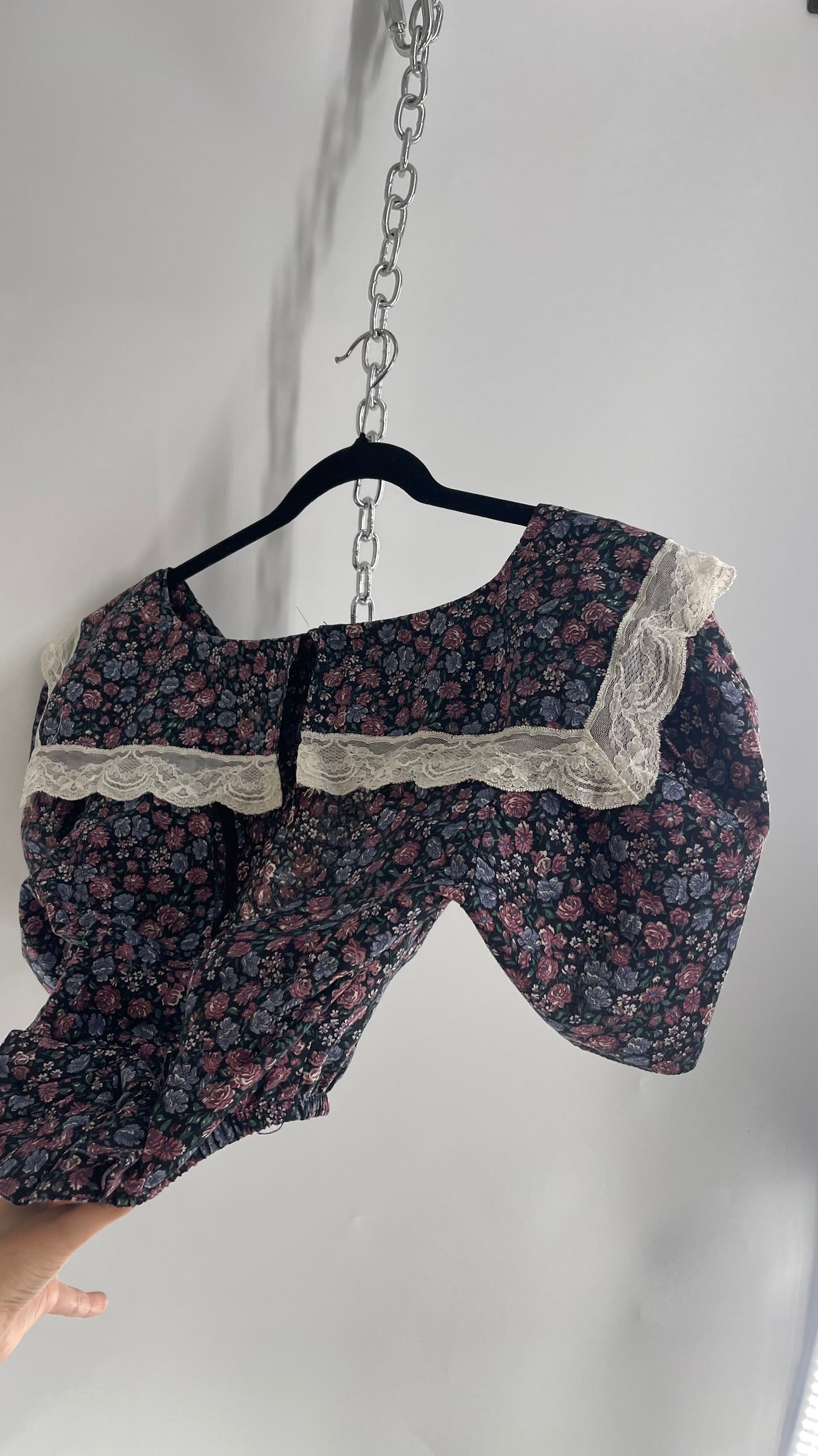 Handmade Reworked Vintage Puff Sleeve Floral Open Back, Bow Detail, Sailor Collar Top (Small)