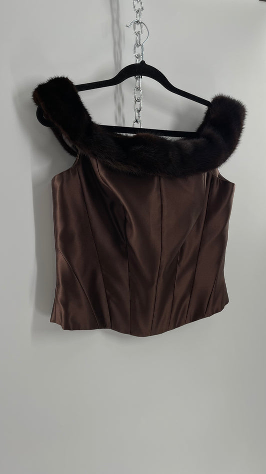 Vintage Sherrie Bloom • Peter Noviella• CHETTA B 100% Silk Brown Corset with Fur Trim Off the Shoulder Collar (14)