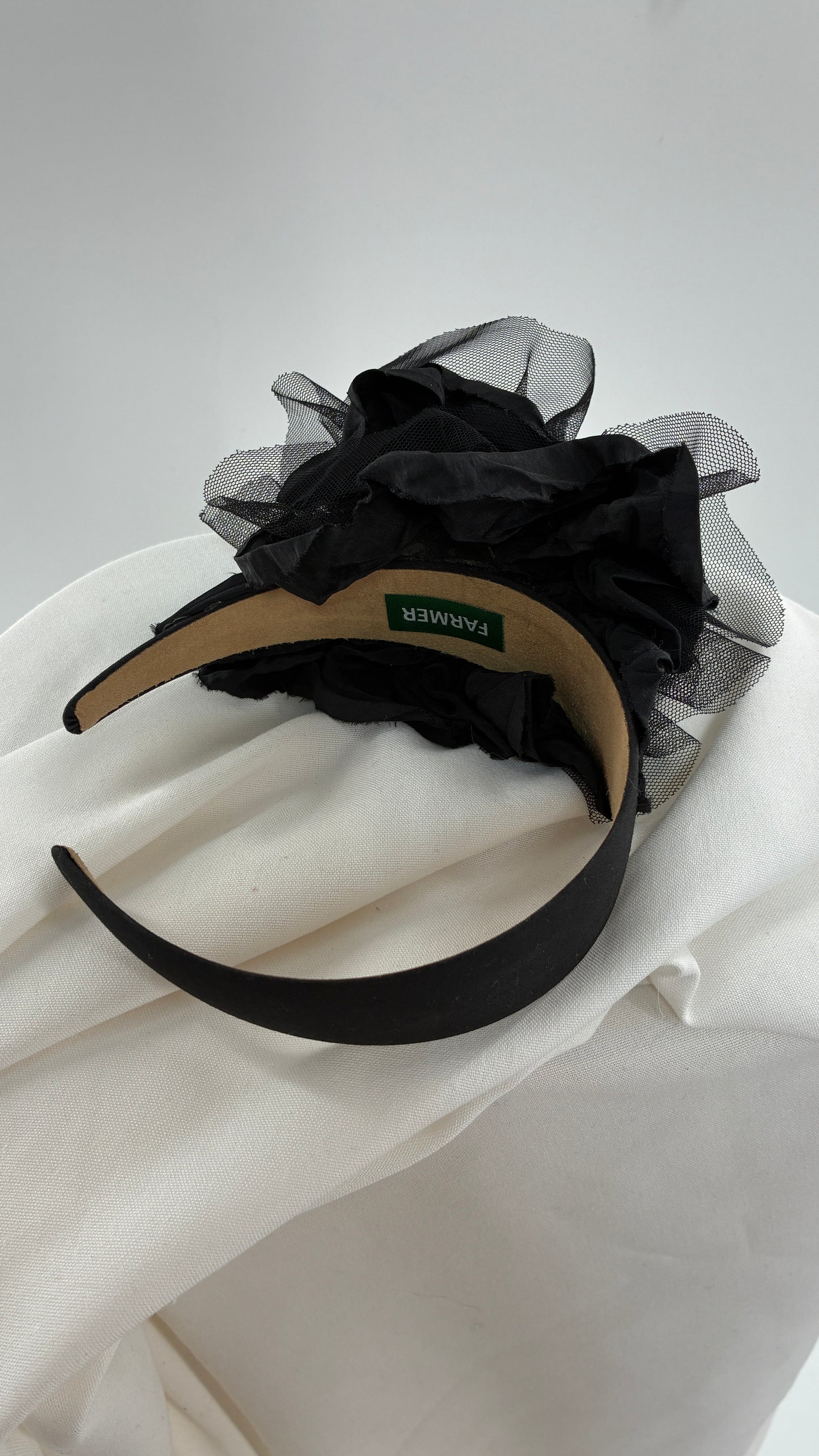 Vintage FARMER Handmade Black Thick Headband with Tulle Appliqué
