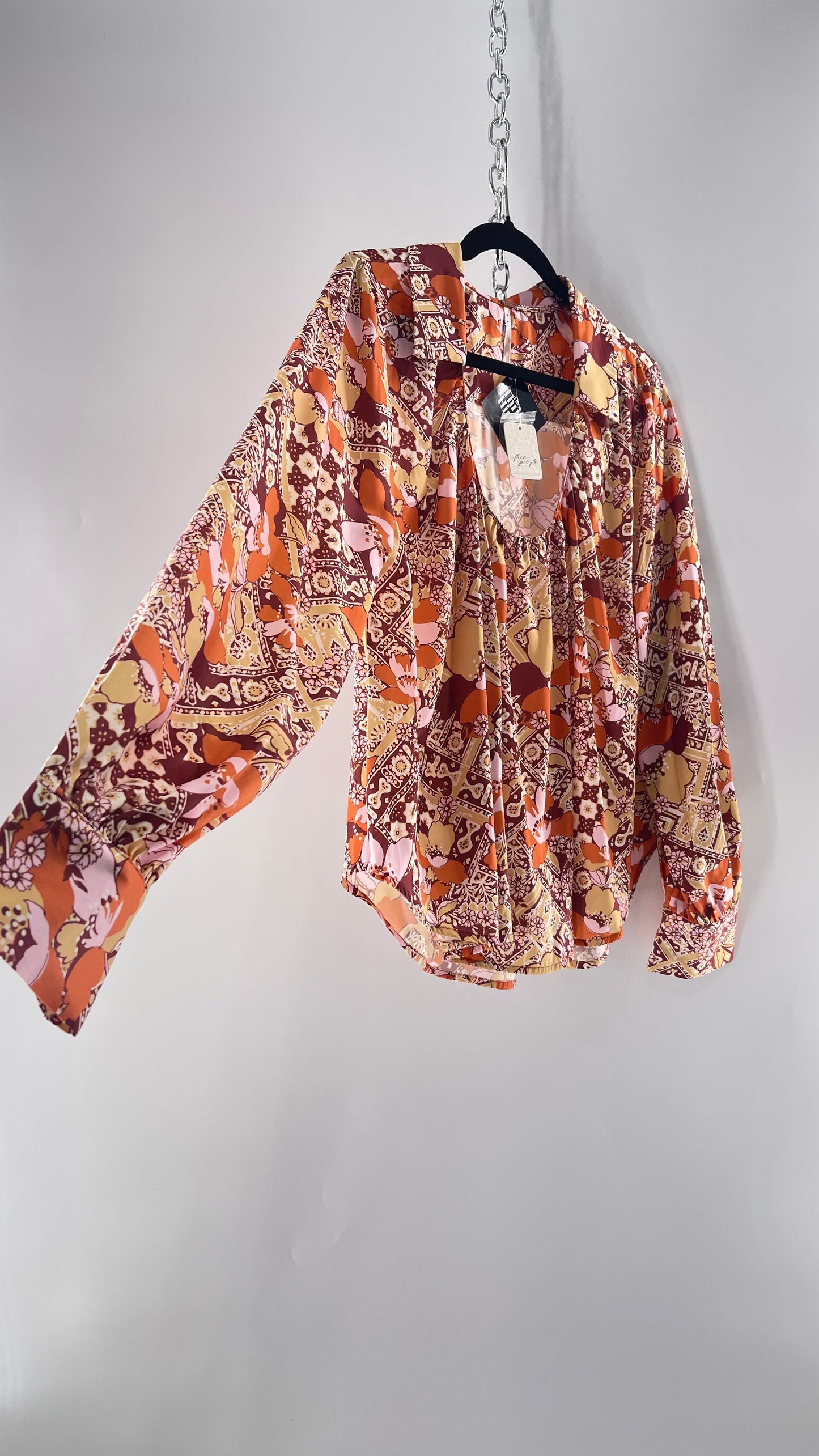 Free People All Over Mixed Warm Toned Satin Blouse with Pleated/Draping Neckline and Collar, Tags Attached  (Small)