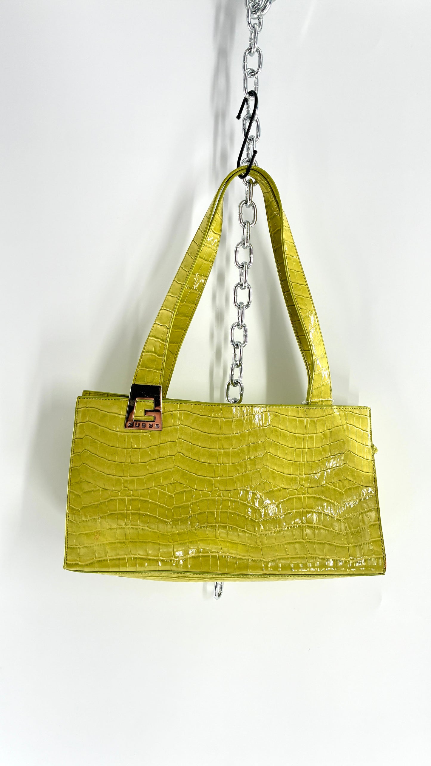 Vintage 1990s GUESS Lime Green Shoulder Purse with Metal Logo Buckle