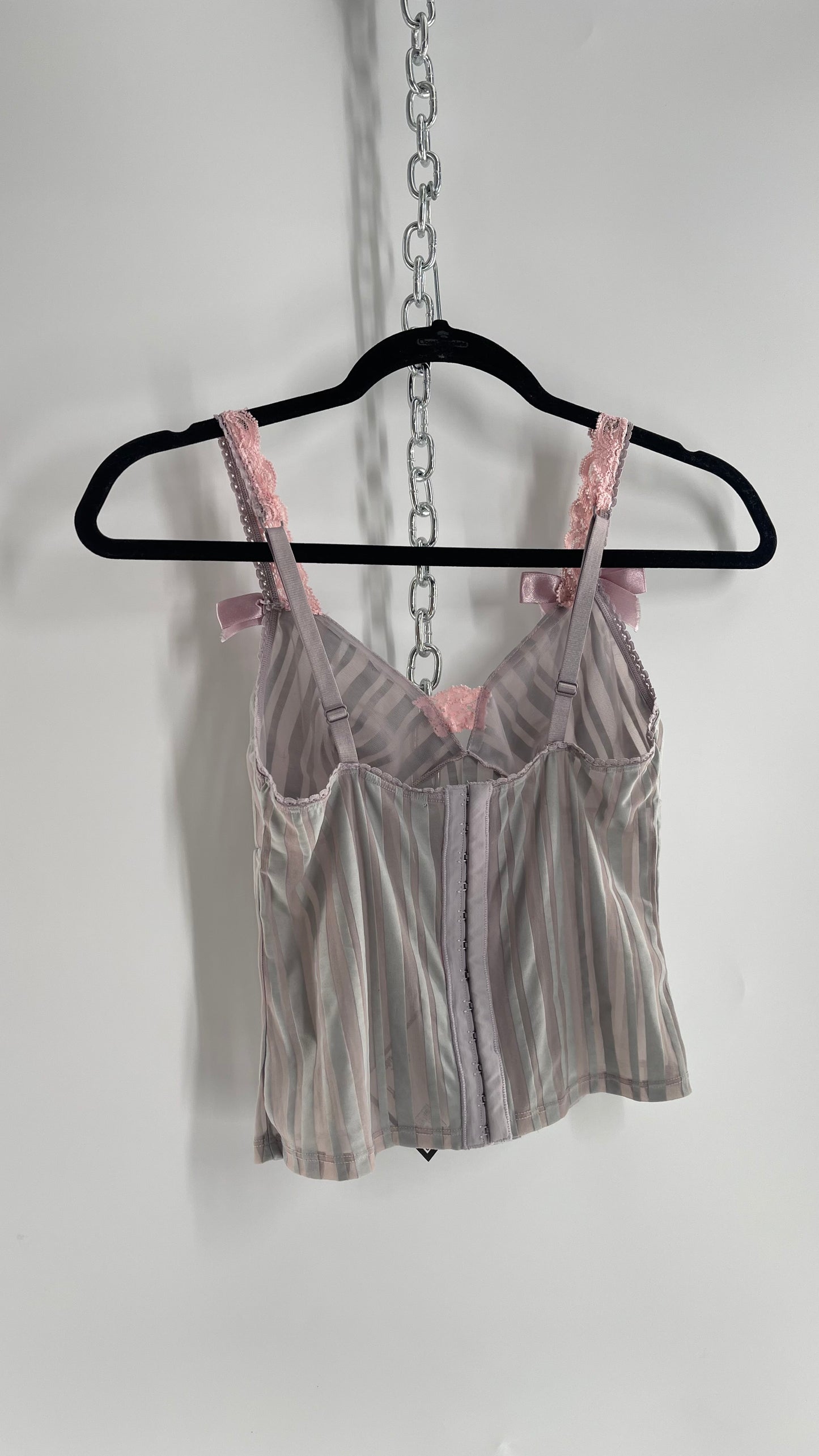 Sophie B Vintage Gray Sheer Striped Camisole Tank with Pink Lace, Bows and Ribbon (M)