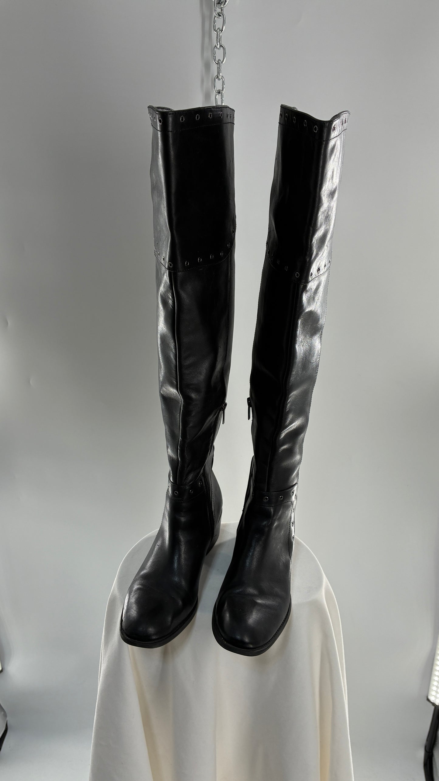 VINCE CAMUTO Genuine Leather Black Over the Knee, Thigh High Boots with Studding Details (11/41)