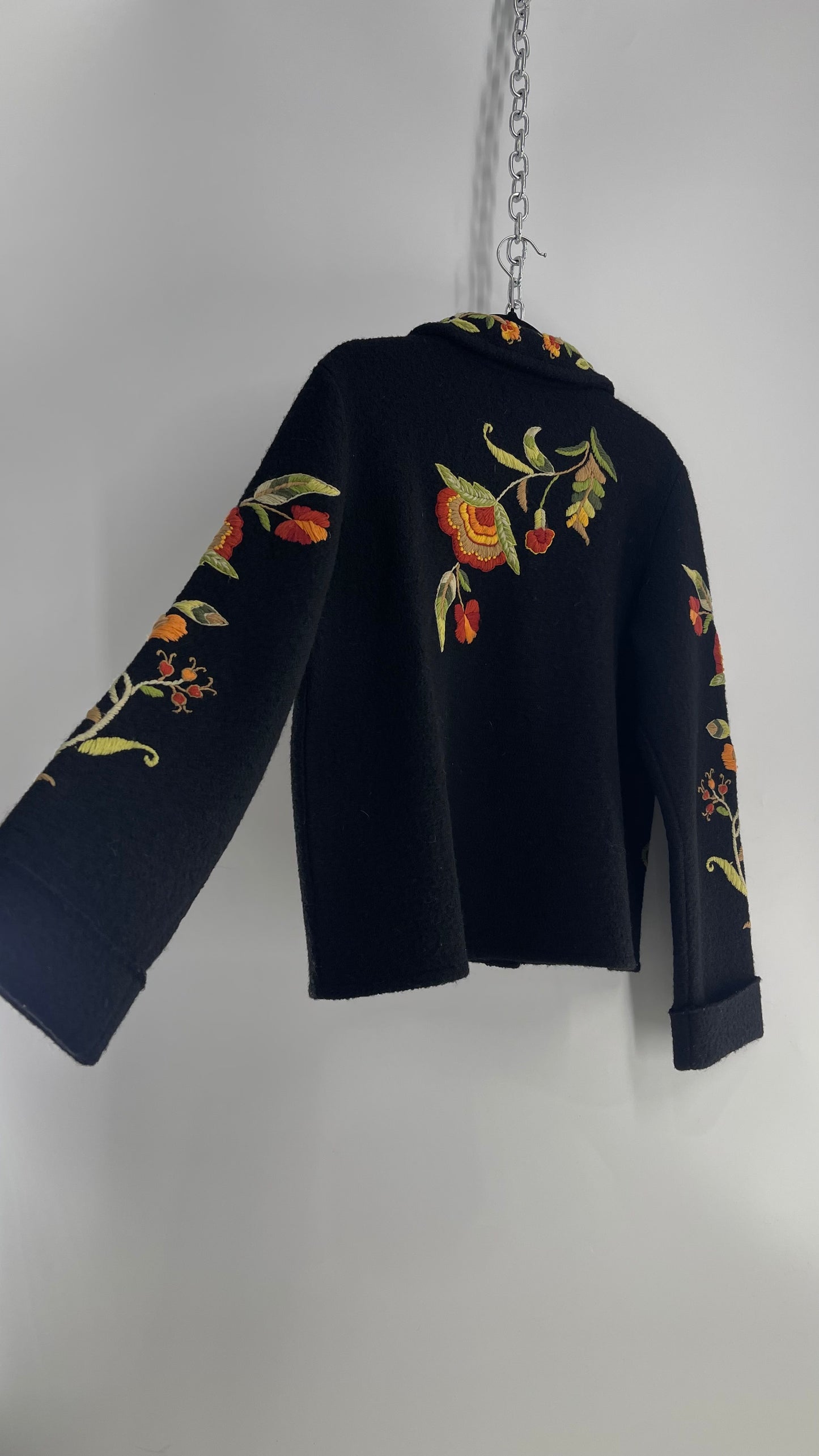 Deane & White Black 100% Wool Orange and Yellow Embroidered Flower Cardigan Jacket (Large)