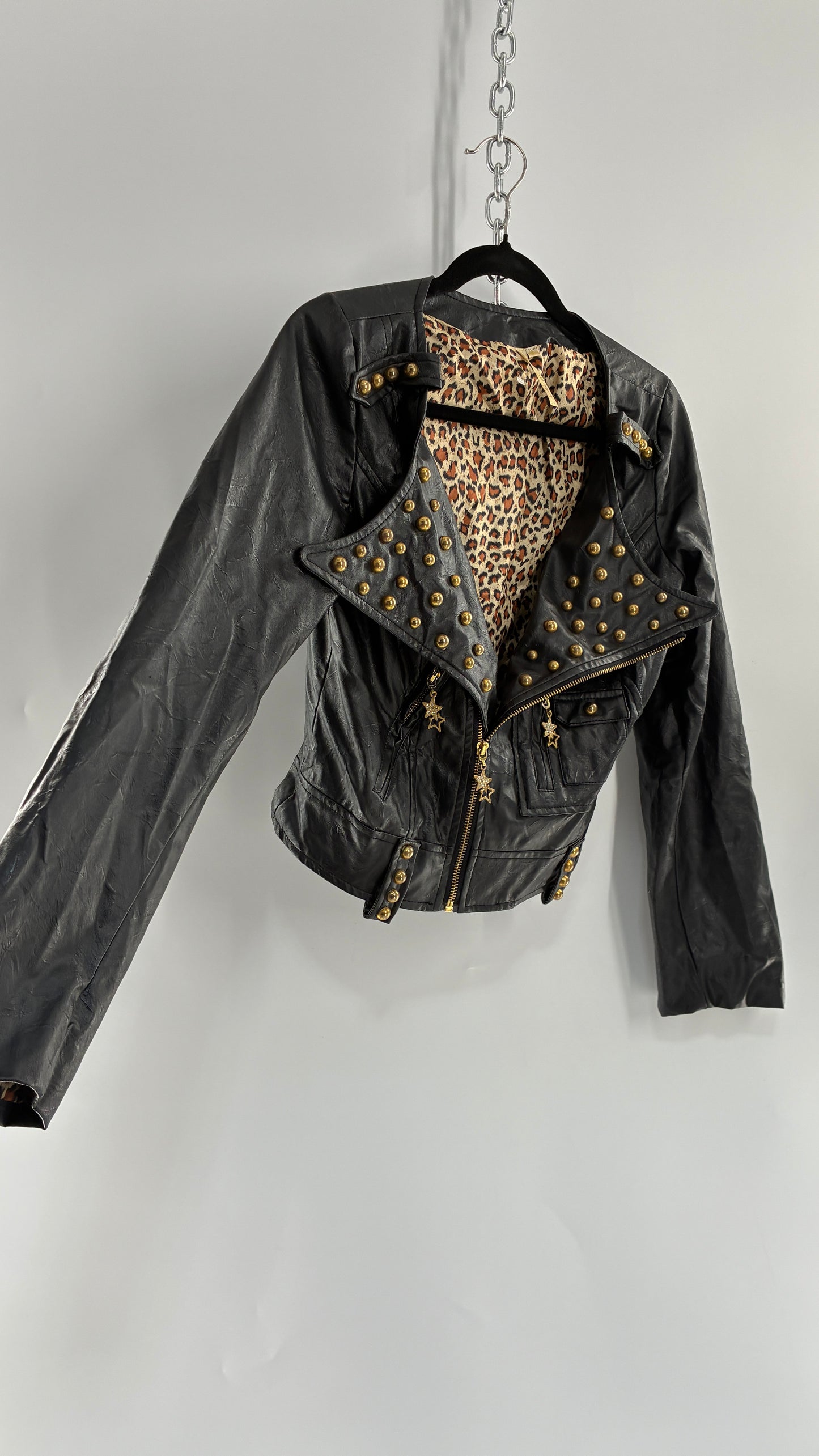 Vintage Black Vegan Leather Jacket with Oversized Lapel, Belt Loops and Pockets Covered in Heavy Duty Gold Studs (Small)