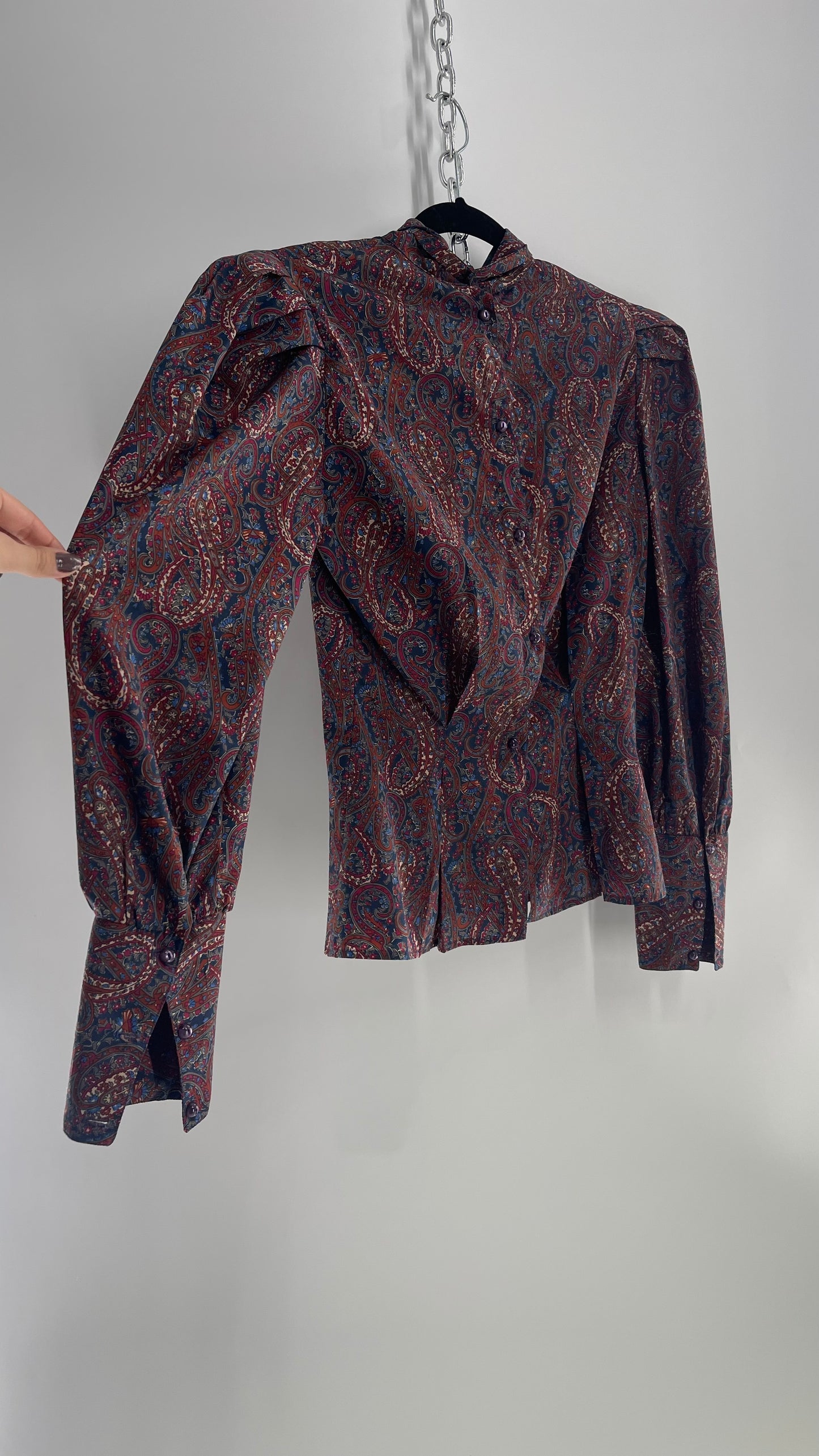 Vintage First Glance Paisley Balloon Sleeve, Sculpted Waist, Tie Neck Blouse from El Salvador (9/M)