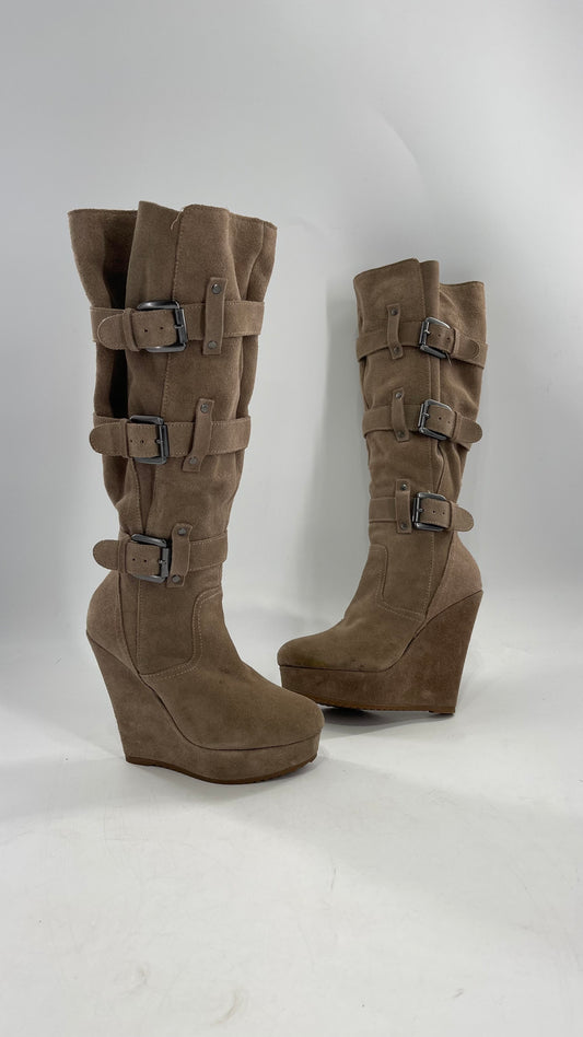 Vintage Bakers Genuine Suede Leather Gray/Tan Wedge Platform Knee High Boots with Gun Metal Buckles (6)