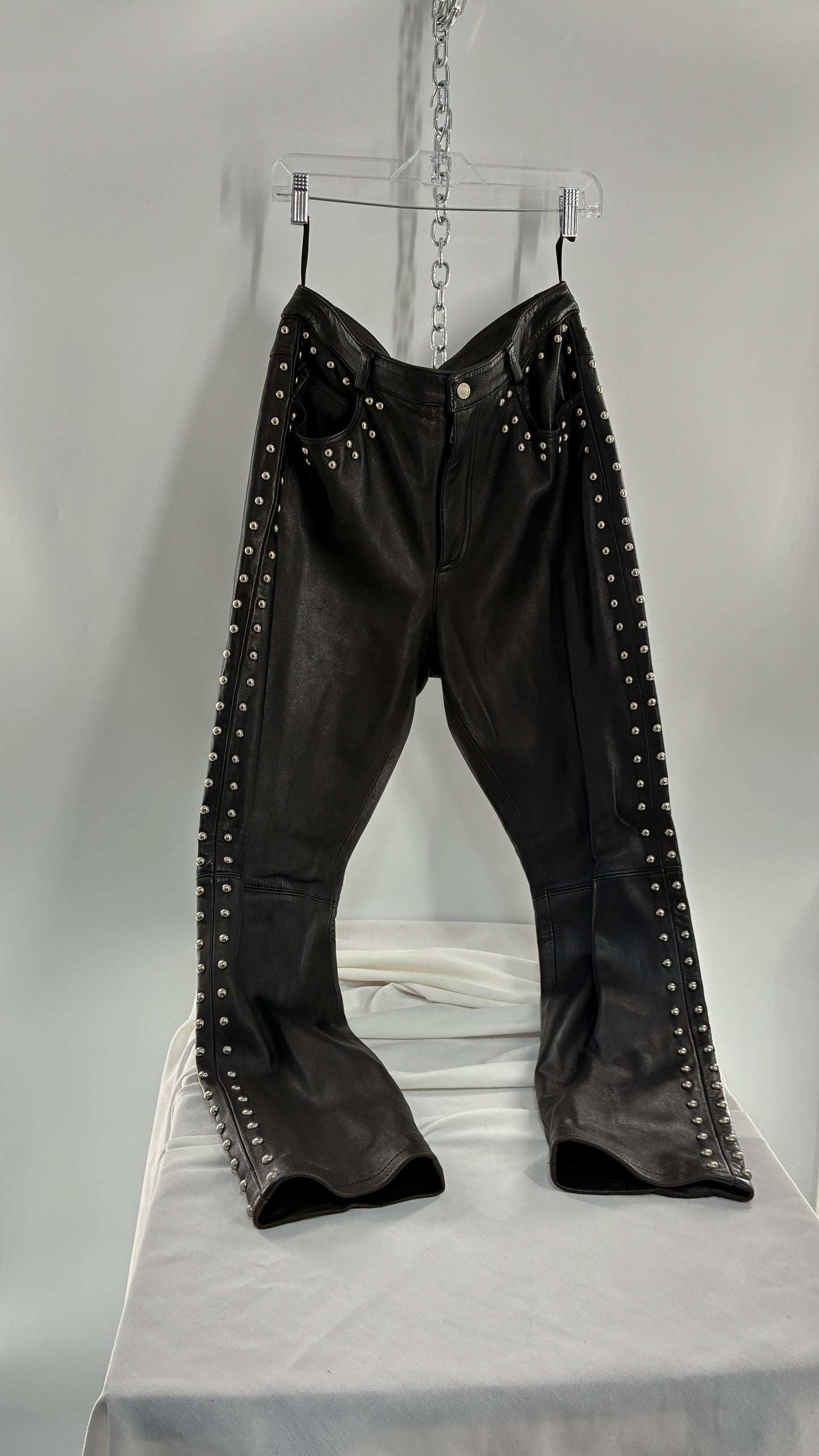 Vintage DKNY Genuine Leather Black Hip to Hem Studded Straight Legs (12)