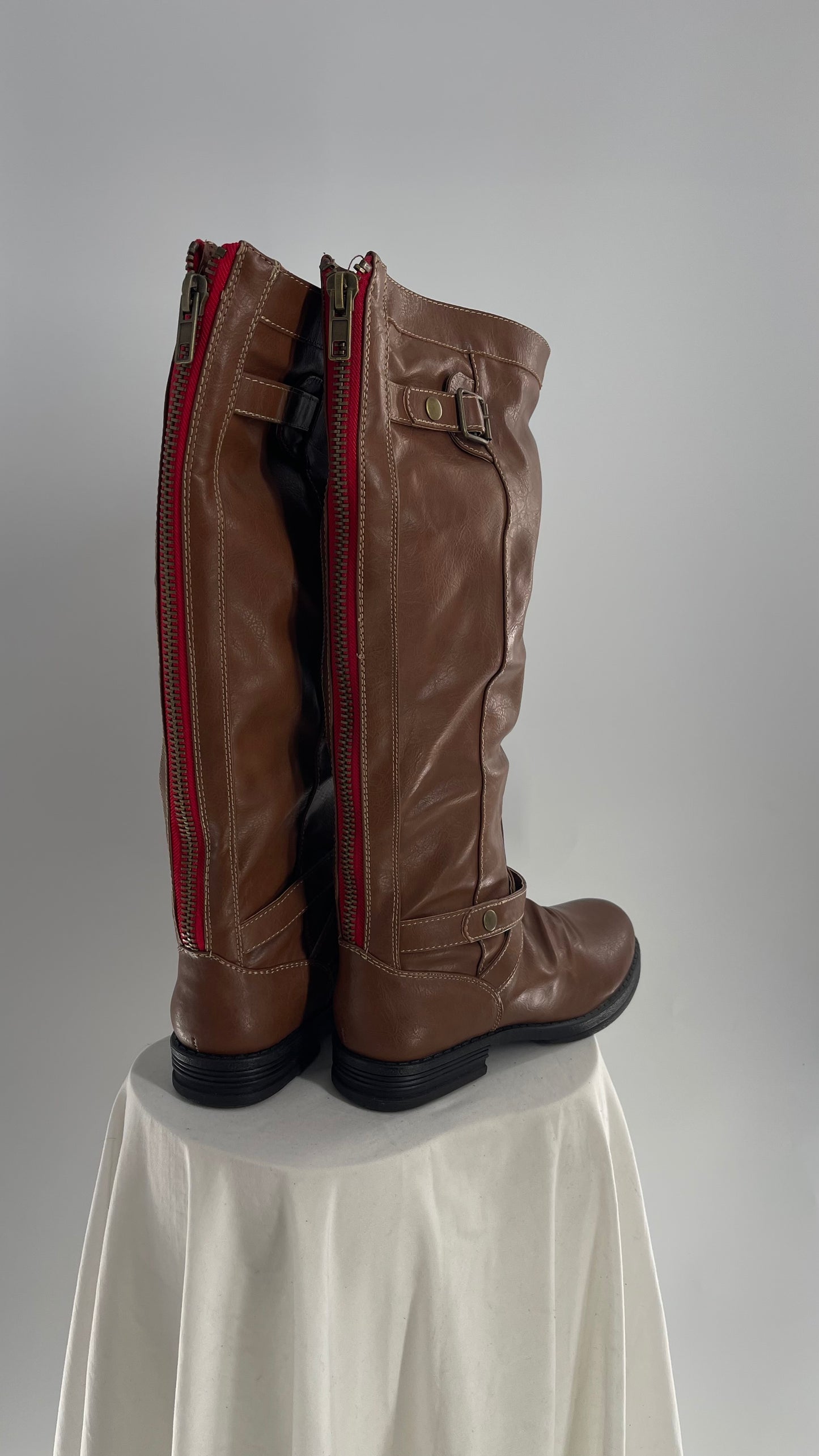 Steve Madden Brown Knee High Riding Boots with Red Zipper (10)