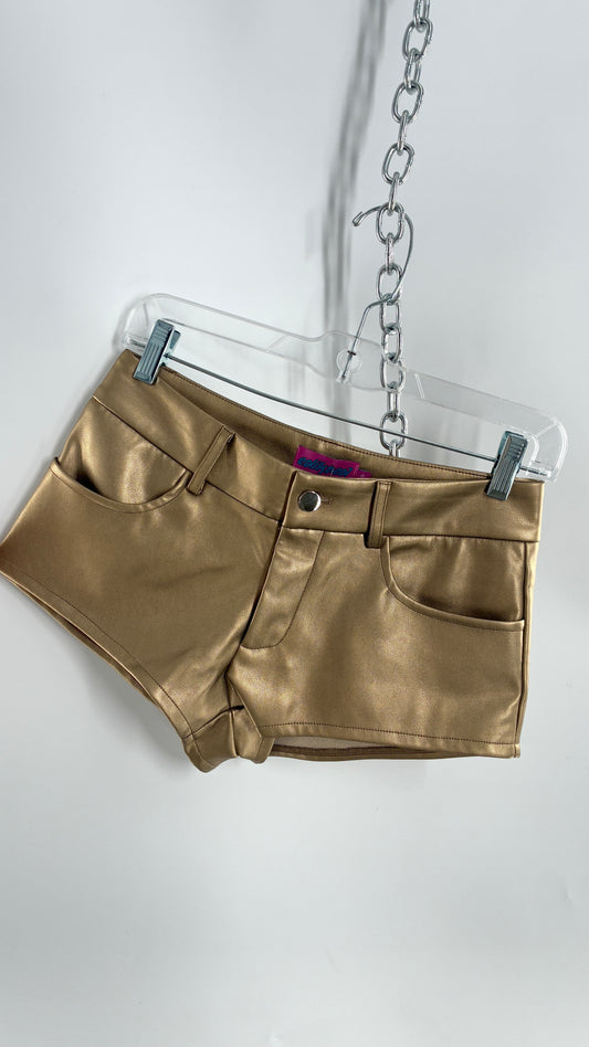 EDIKTED Gold Vegan Leather Low Waisted Hot Shorts (XS)