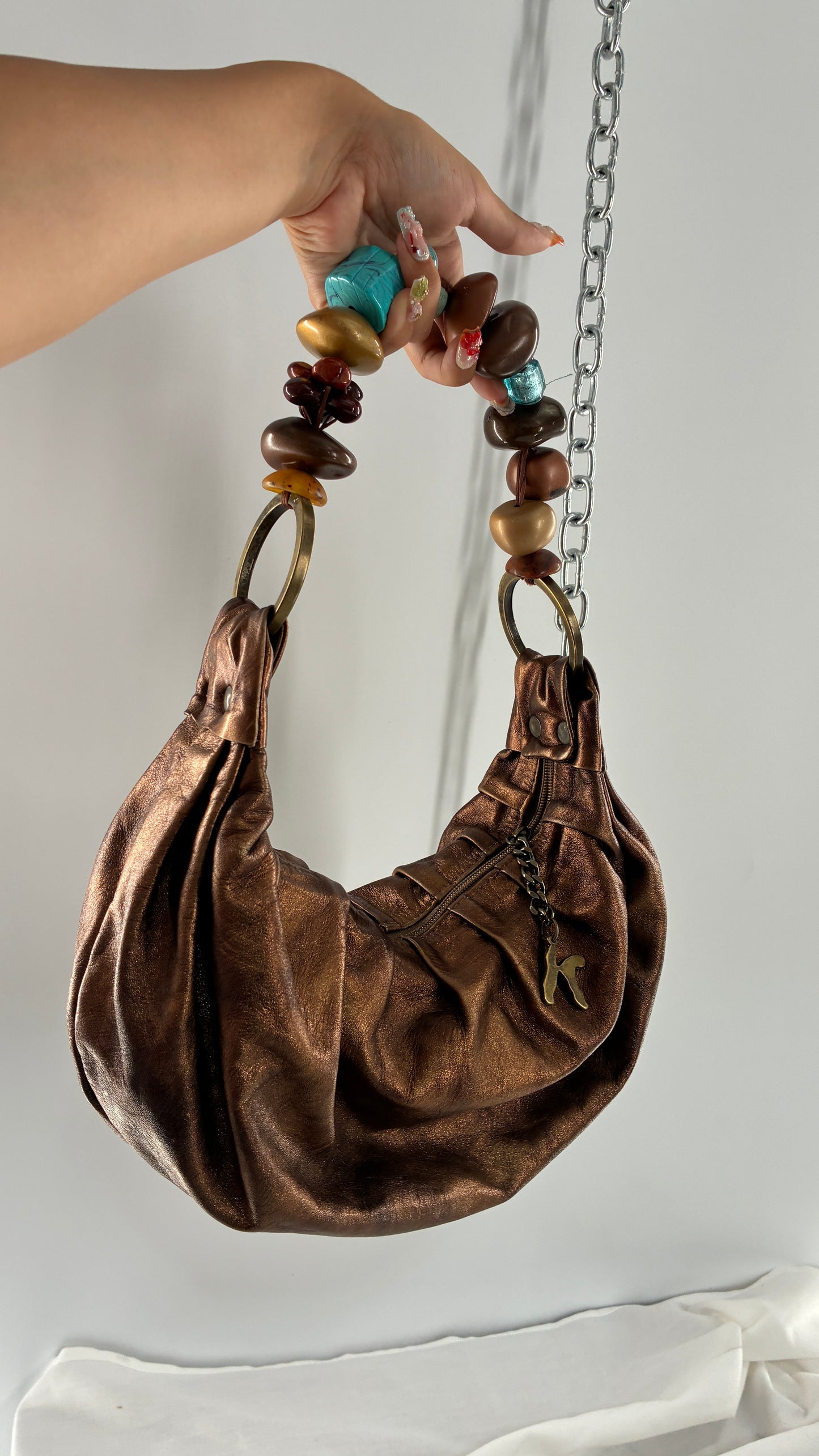 Vintage KARKABA  Metallic Bronze Leather Bag with Exaggerated Beaded Handles