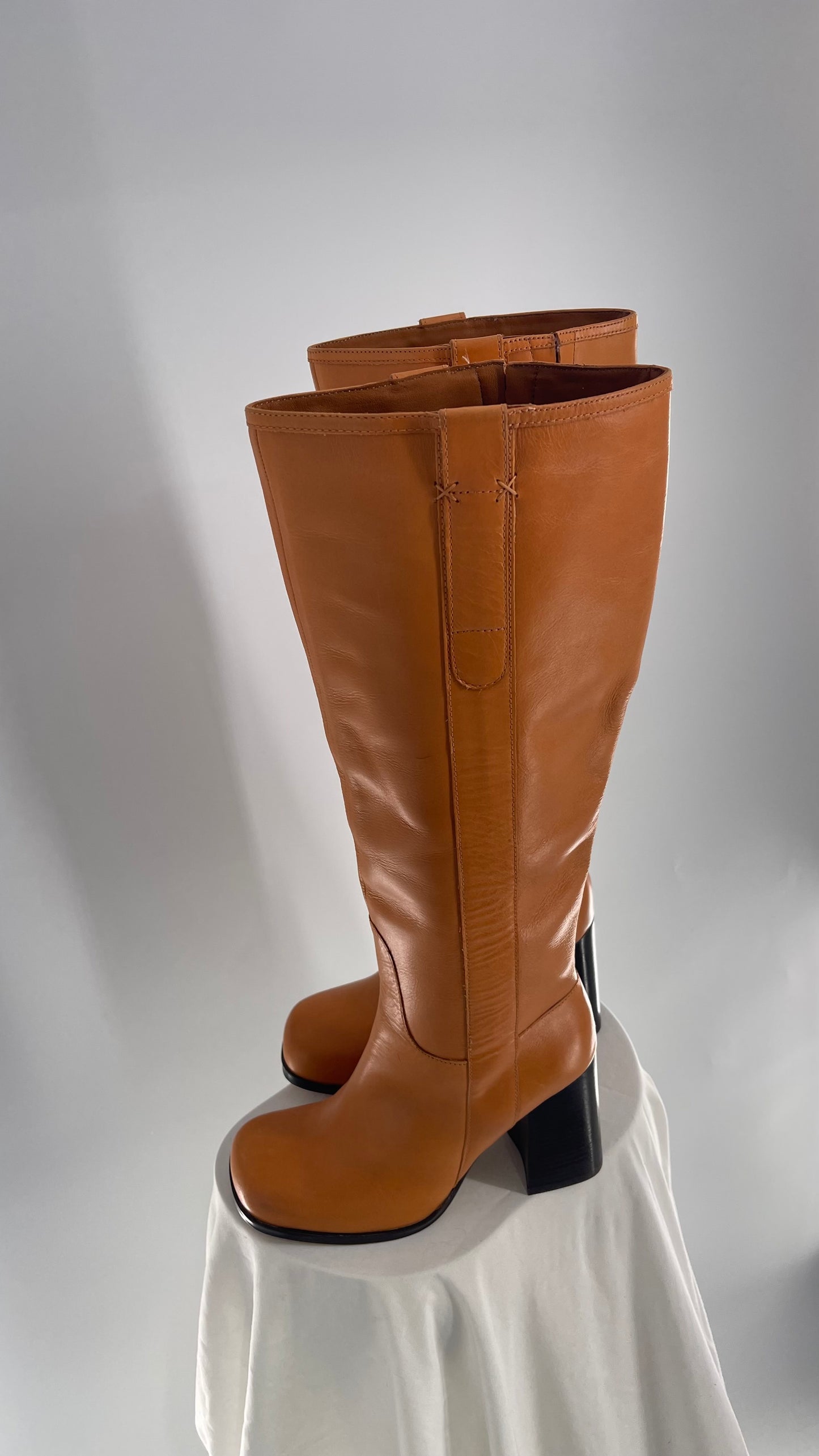 Free People Naomi Tall Knee High Tuscan Tan Square Toe Chunky Heel Boot (7.5)