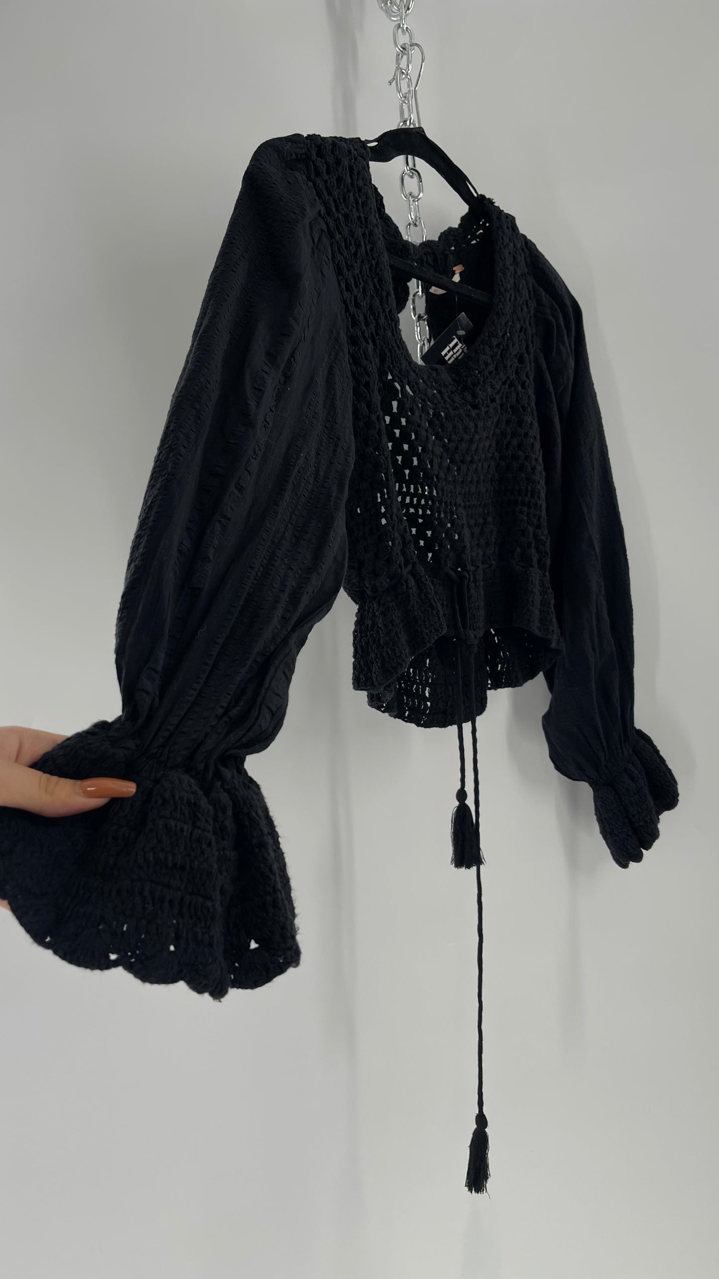 Free People Black ‘Megan’ Woven Macrame Crochet Cropped Blouse with Balloon Sleeves and Flared Cuffs (XS)