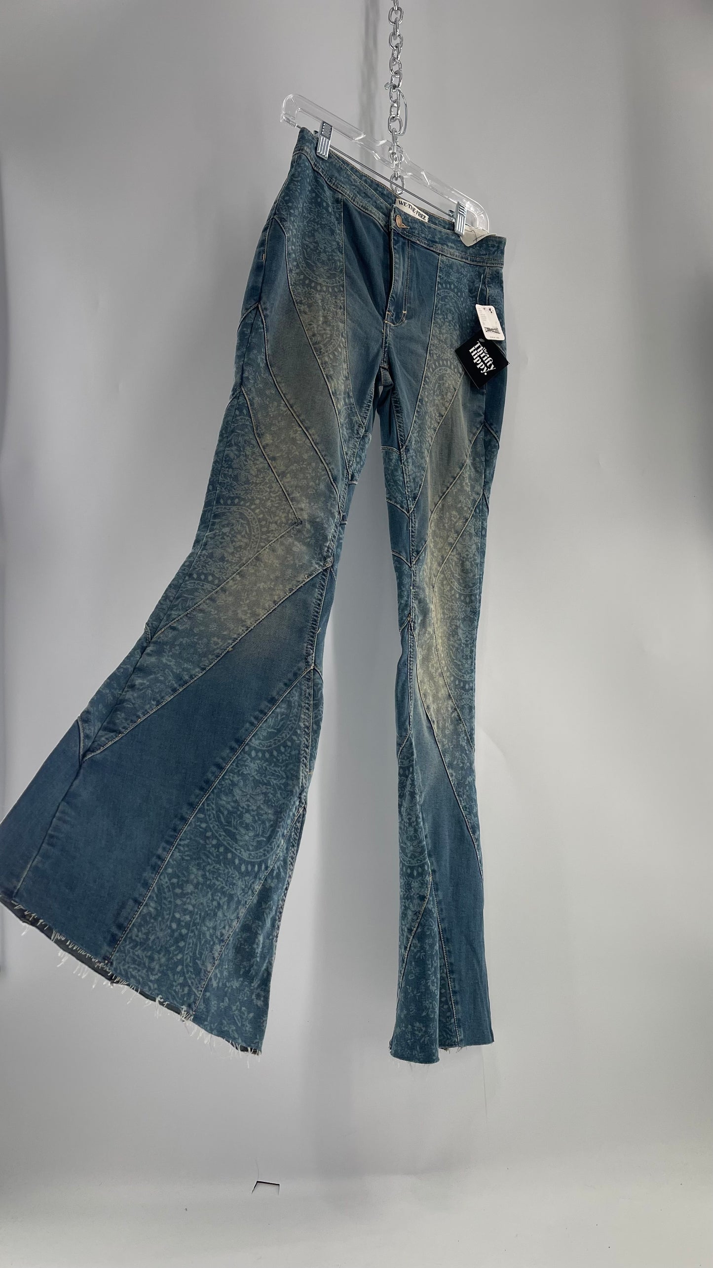 Free People Bell Bottom Kick Flare Paneled Patterned Jeans with Tags Attached (27)