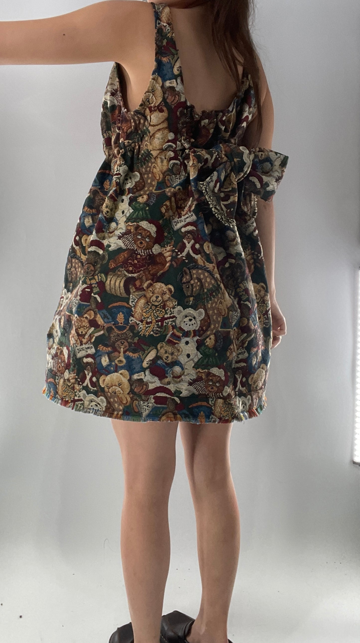 Christmas Custom Teddy Bear Tapestry Babydoll Dress with Bow Back Detail and Adjustable Neckline/Underbust (XS-L)