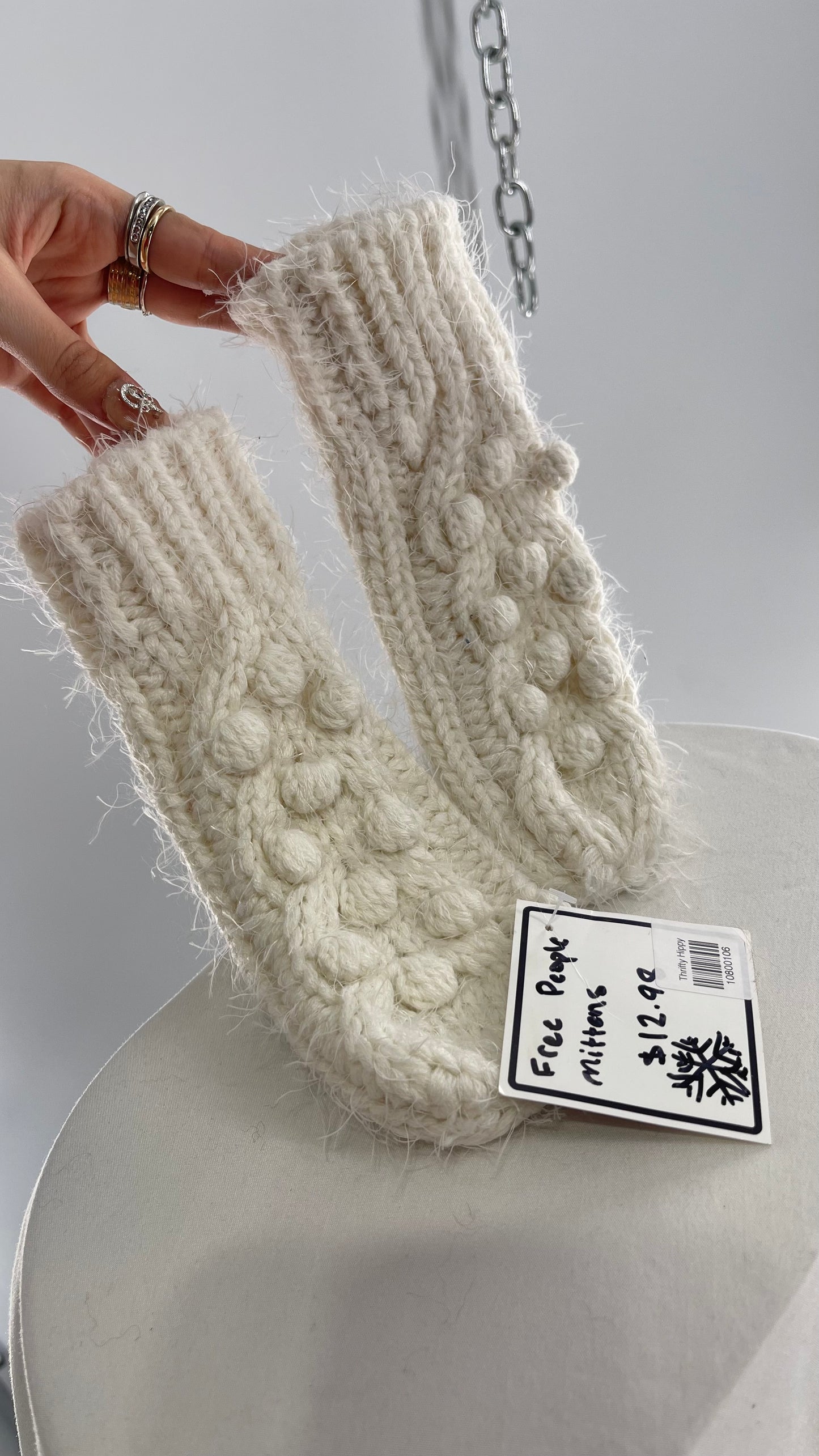 Free People White CableKnit PomPom Mittens