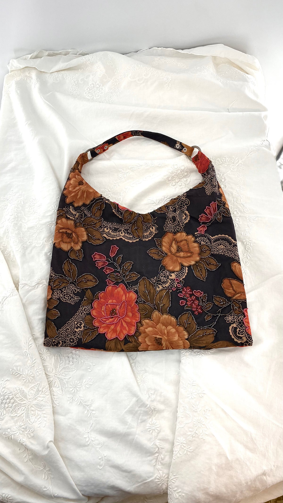 Vintage Brown Floral Paisley Beaded Hobo Shoulder Bag