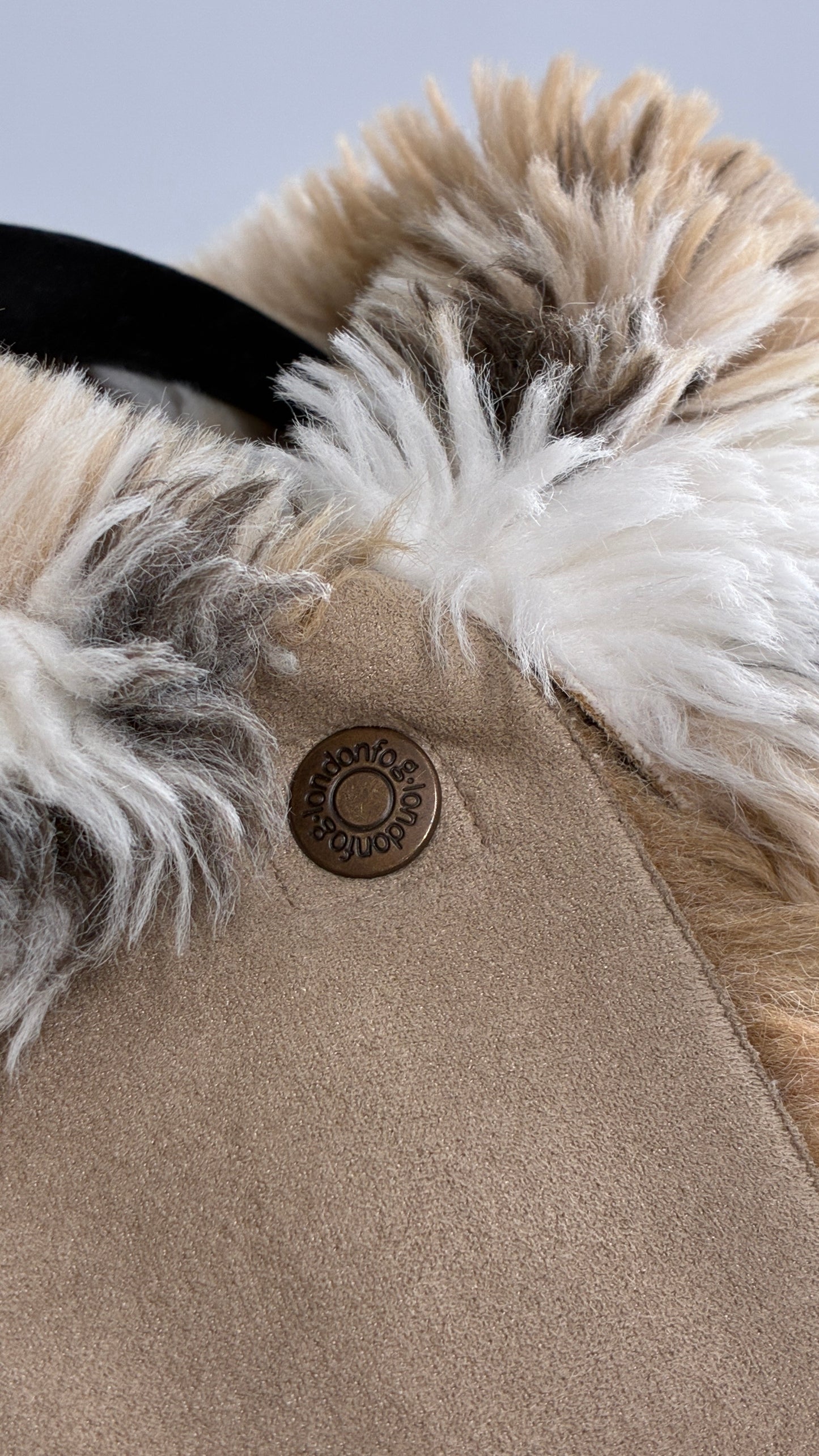LONDON FOG (10/12) Vegan Suede Coat with Leopard Patterned Piping, Trim and Collar