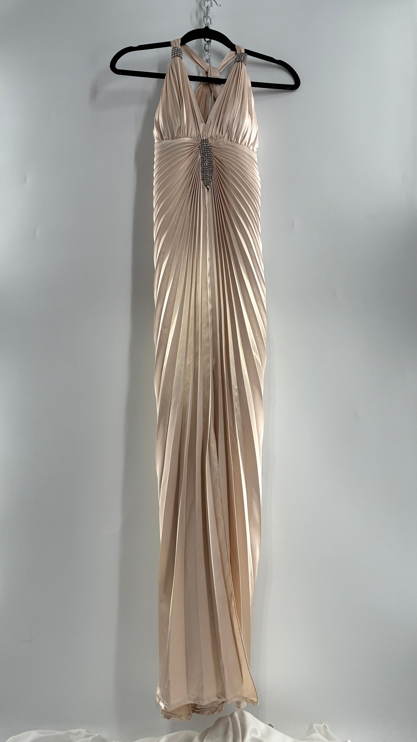 Vintage ISSUE Pleated Champagne Gown with Vented Slit Front, Crystal Bust Appliqué and Strap Cuffs (2)