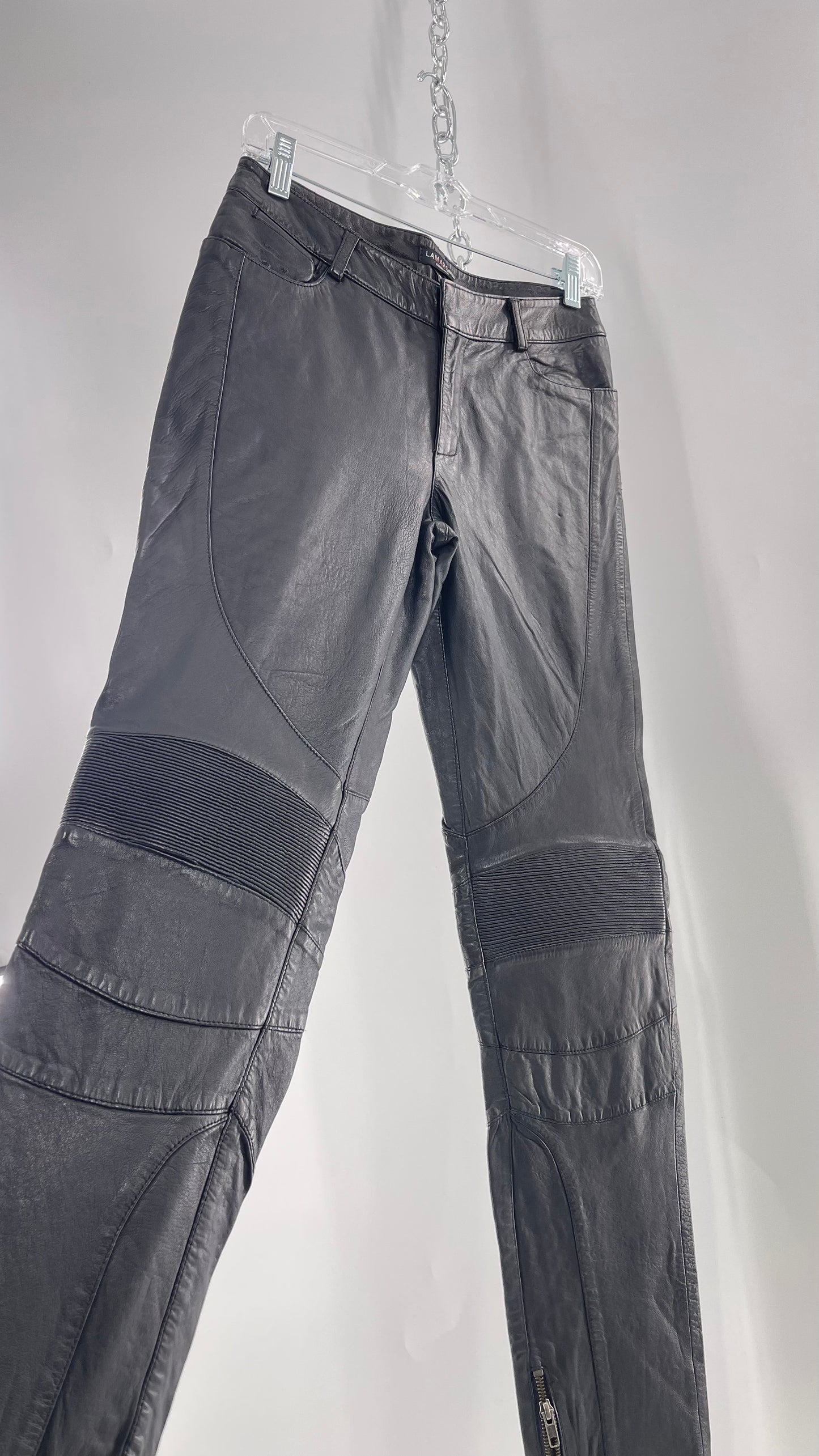 LAMARQUE 1990s Collection Vintage Black Leather Moto Style Pant with Panels, Ribbing and Zipper Details (6)