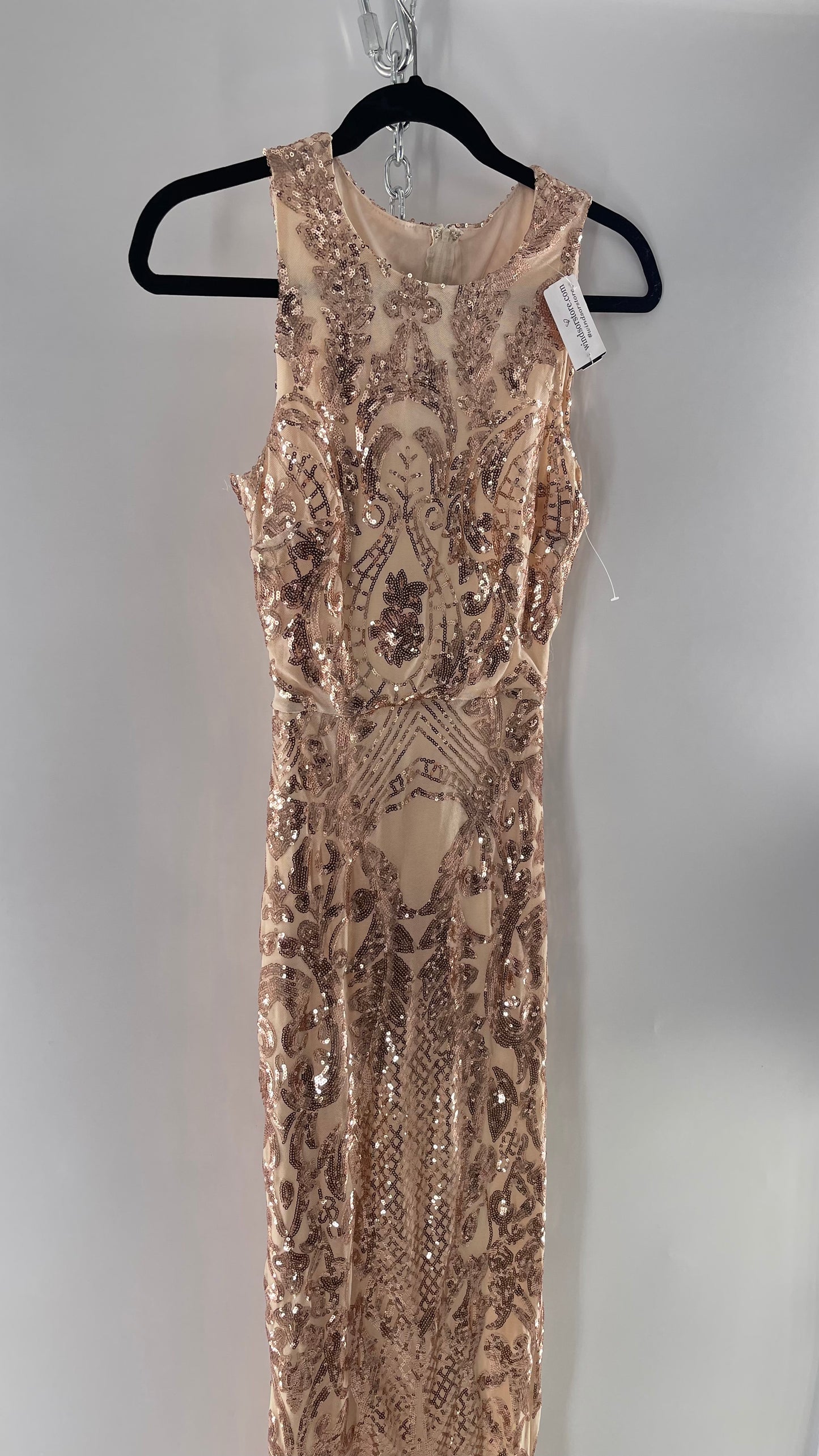 Windsor Rose Gold Sequin Maxi Dress with Side Slit Detail and Open Back (Small)