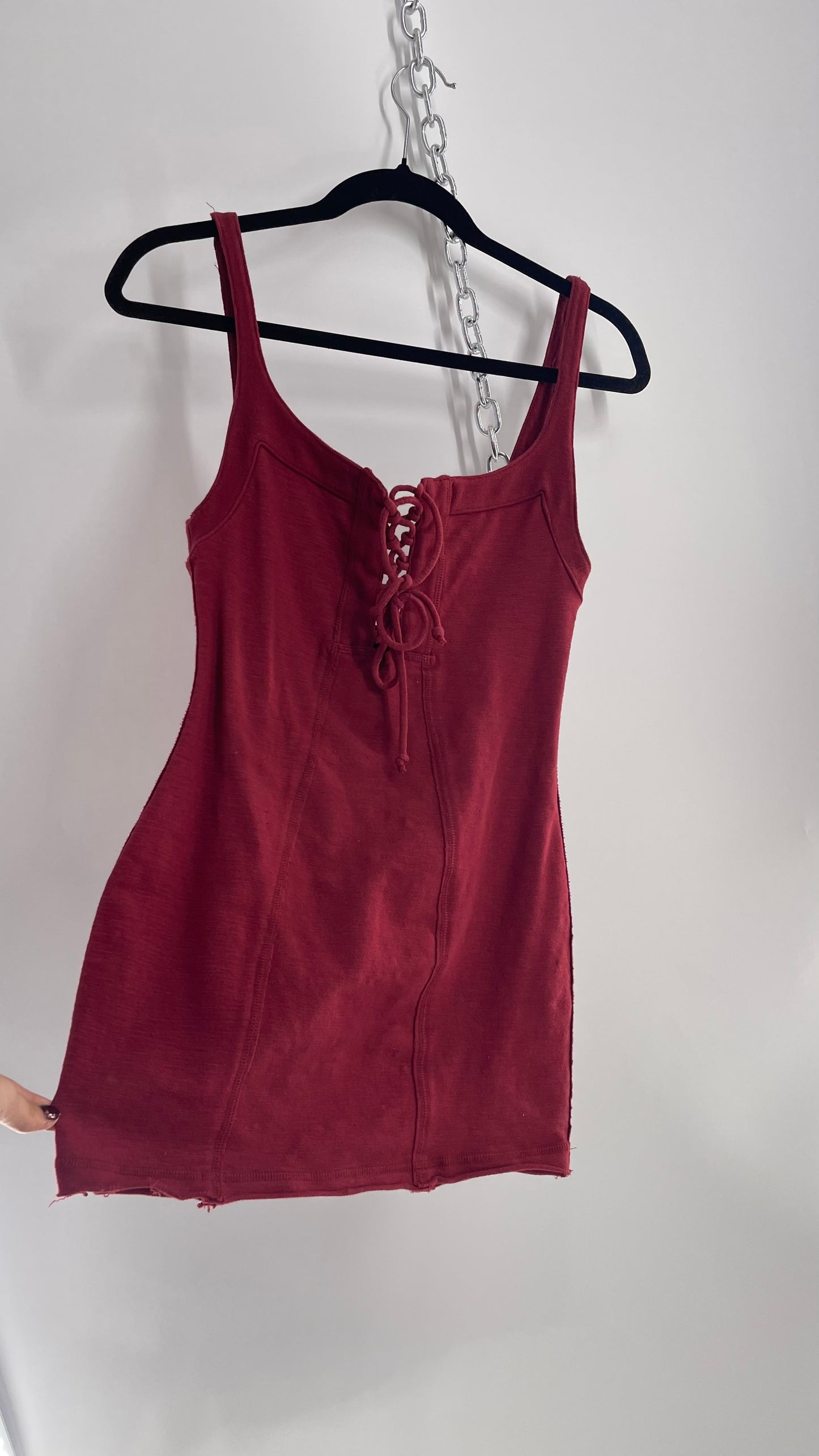 Free People Burgundy Knit Tank with Lace Up Neckline (XS)