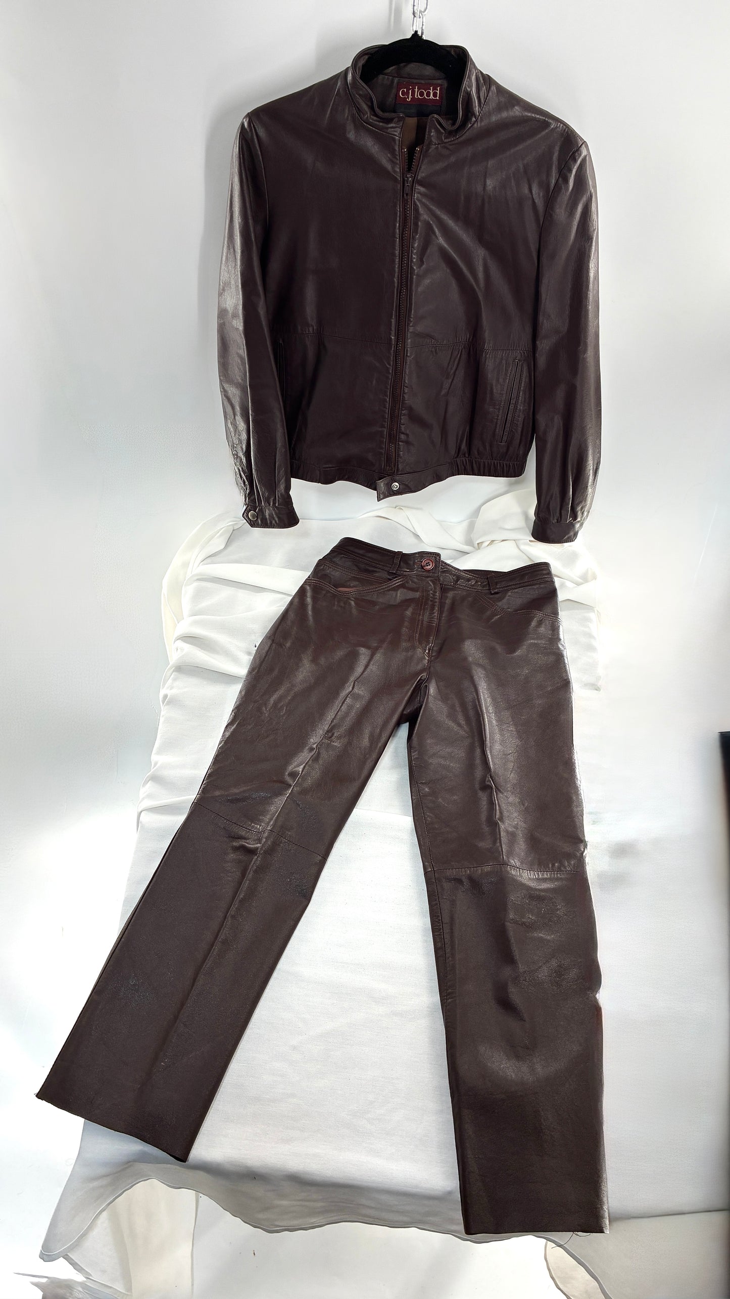 Vintage JORDACHE X CJ TODD Chocolate Brown Genuine Leather Trouser Moto Jacket Set (Small)