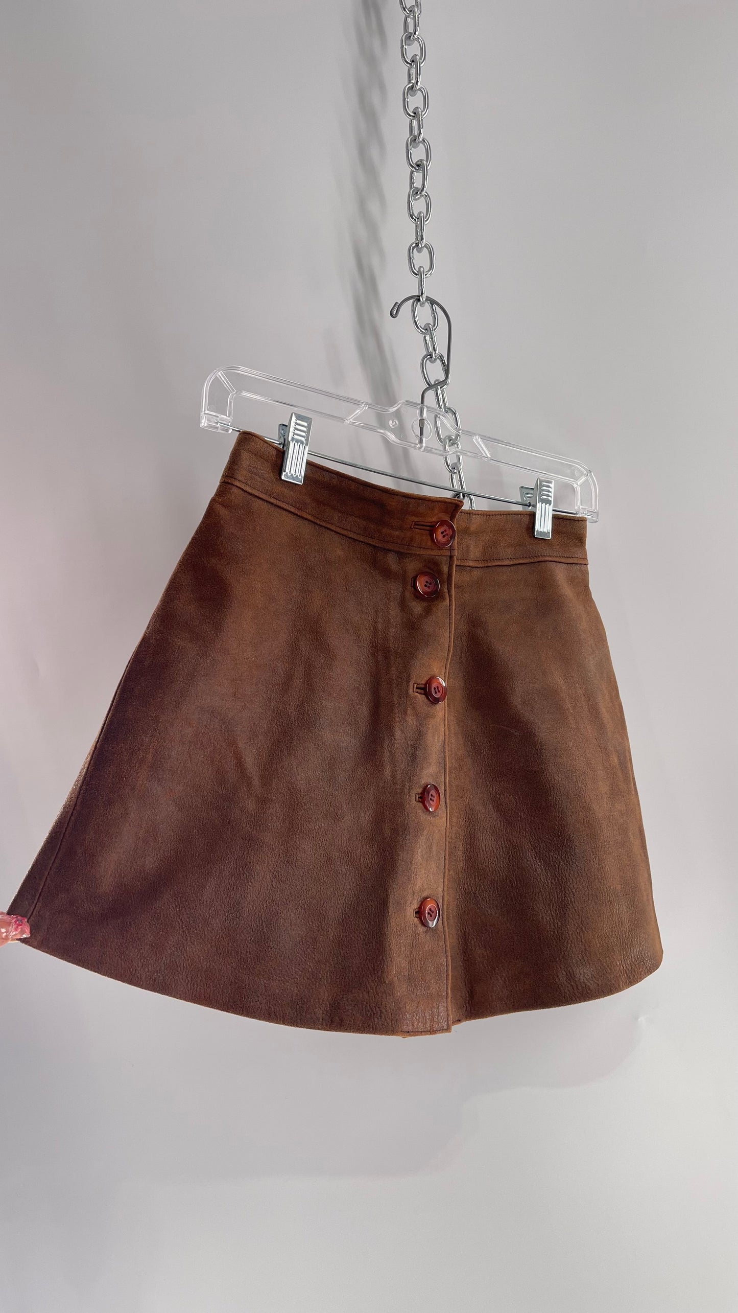 Vintage 1970s Brown Leather Button Front Mini Skirt (XS)