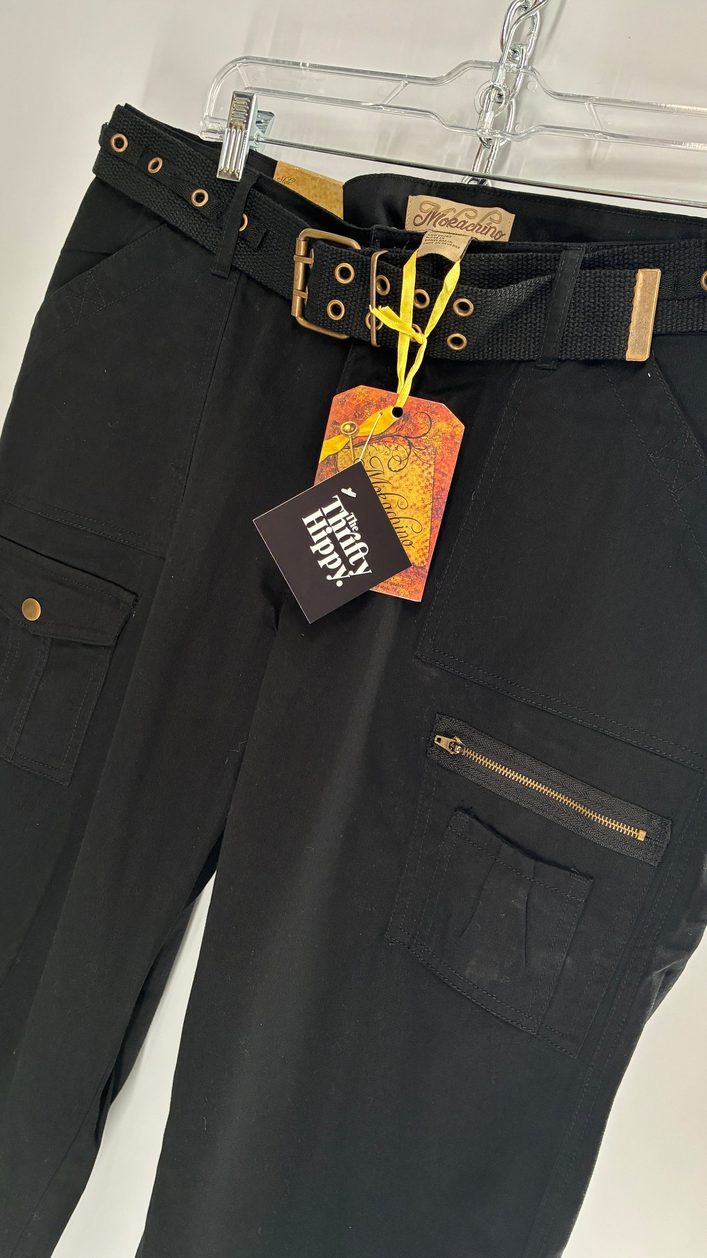 Deadstock Vintage MOKACHINO Black Kickflare Low Rise Belted Cargos (16X)