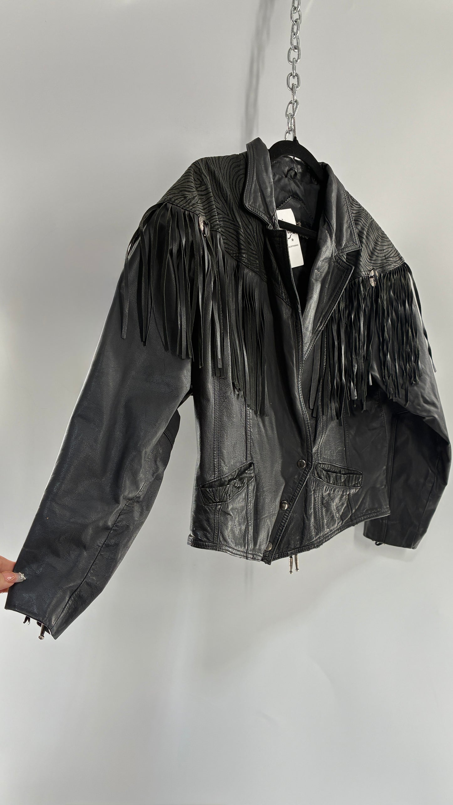 Vintage BERMAN’S Black Genuine Leather Fringe Motorcycle Jacket with Tie Up Cuffs (Large)