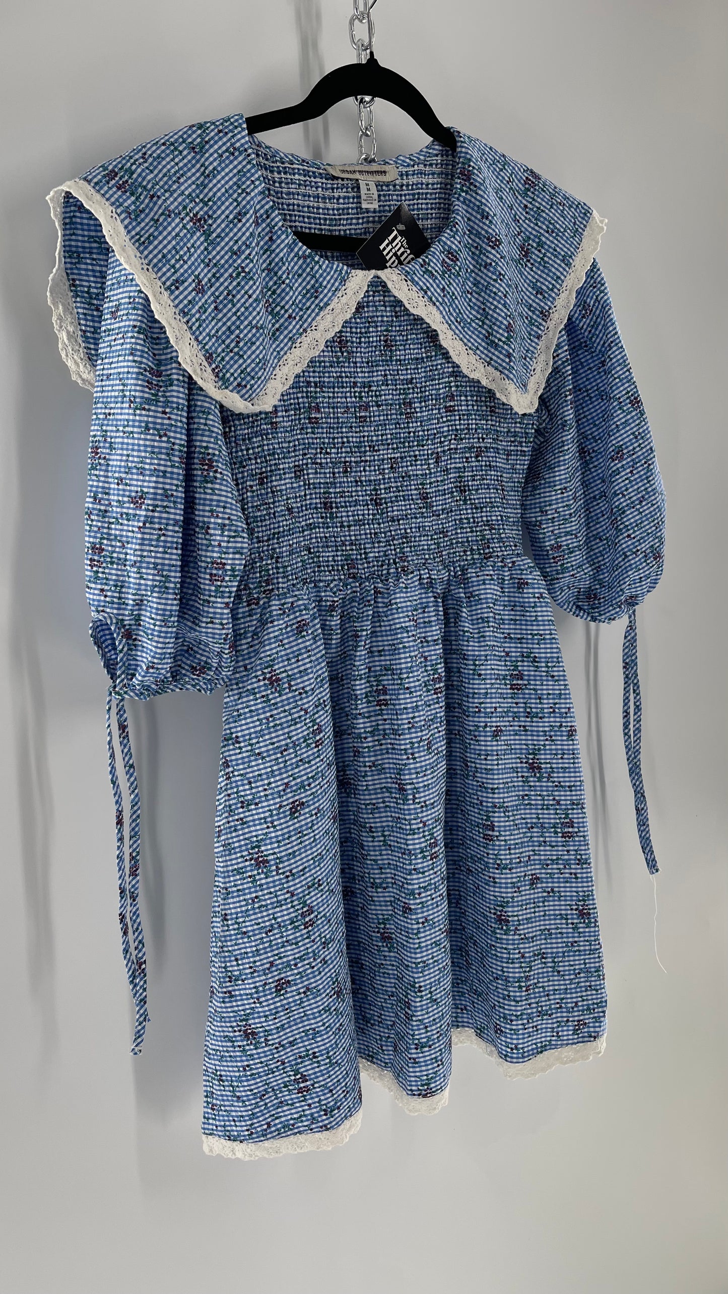 Urban Outfitters Blue Gingham Babydoll Dress with Lace Trim Collar and Smocked Bodice (Medium)