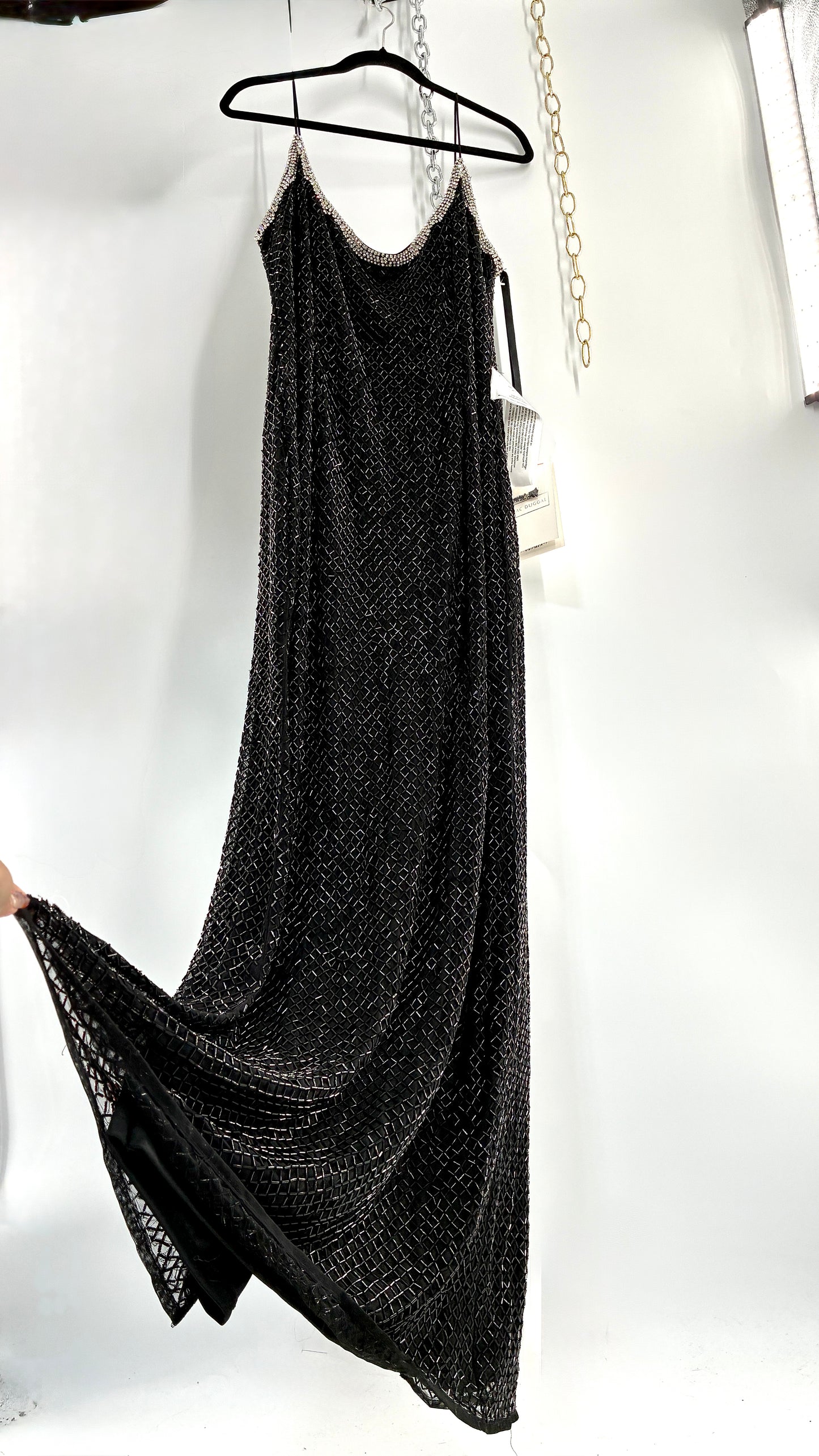 Vintage MAC DUGGAL Black Beaded Spaghetti Strap Column Gown with Tags Attached (16)