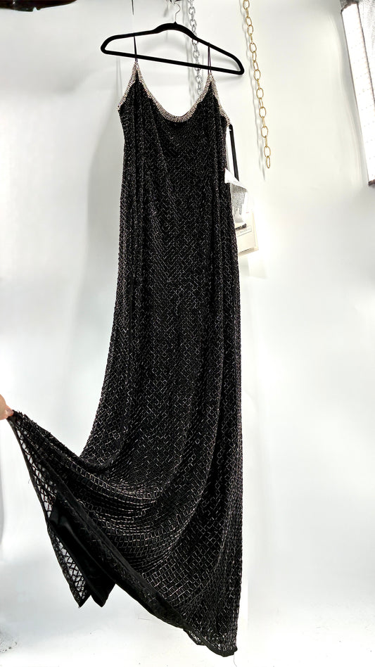 Vintage MAC DUGGAL Black Beaded Spaghetti Strap Column Gown with Tags Attached (16)