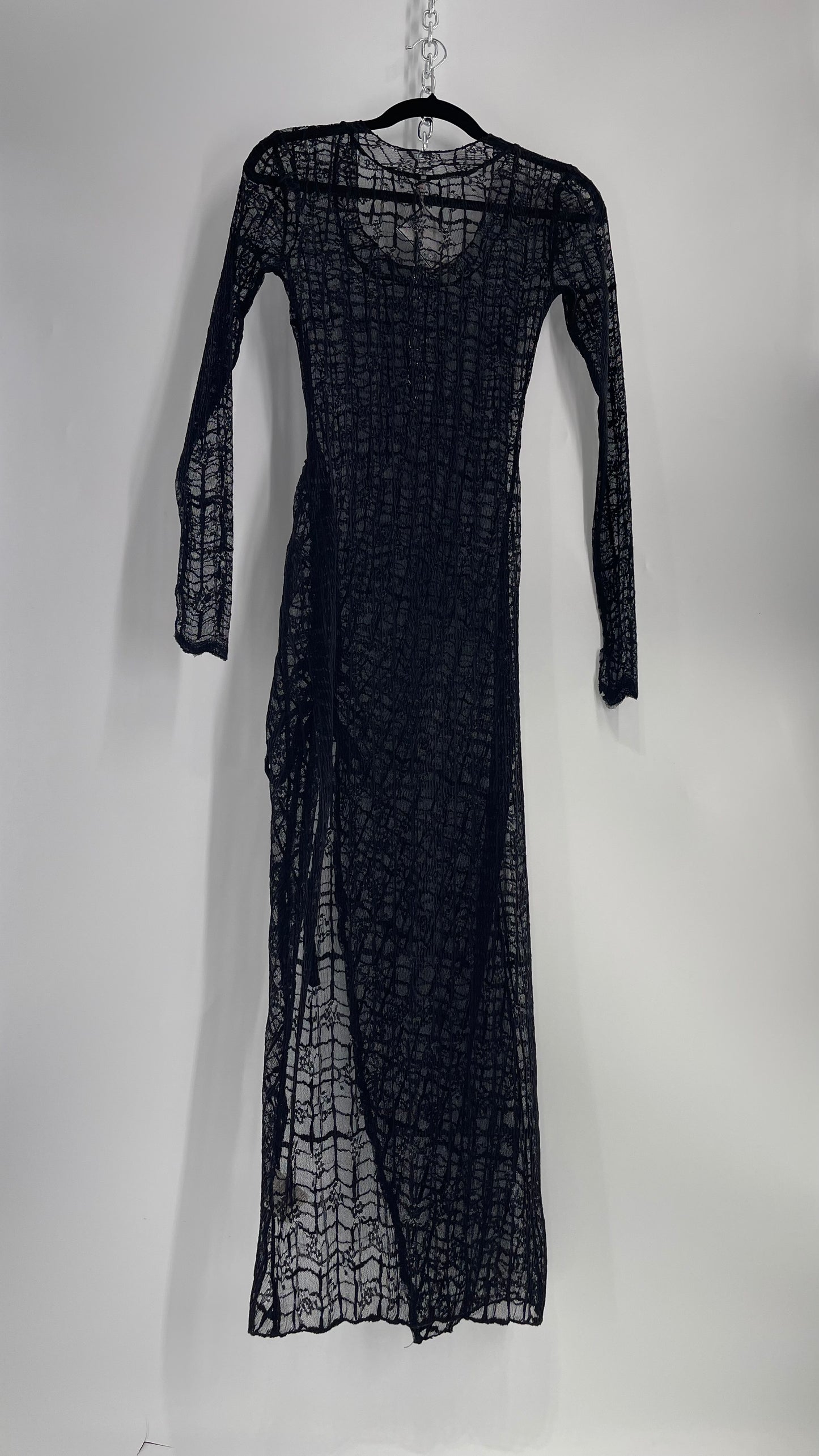 Free People Sabina Black Sheer Crimped Lace Long Sleeve Maxi with Ruched Slit (XS)