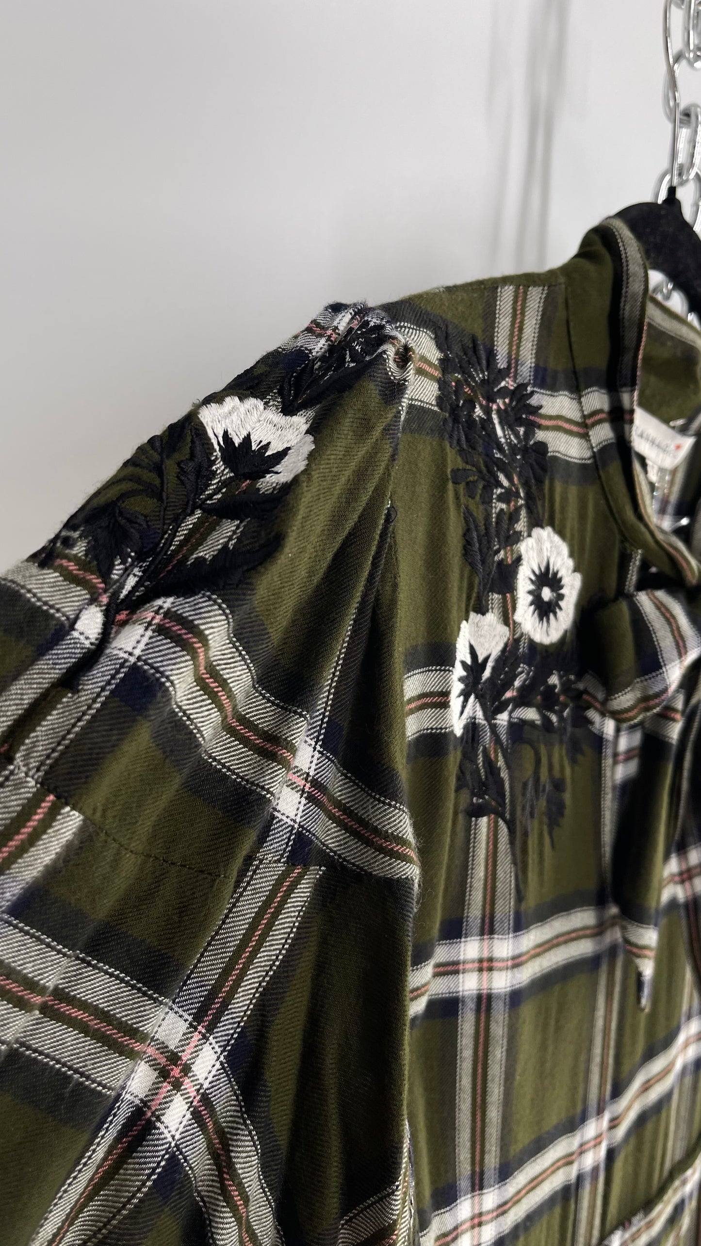 Ranna Gill Anthropologie Army Green Plaid Dress with Floral Embroidery and Bow Tie Detail (XS)