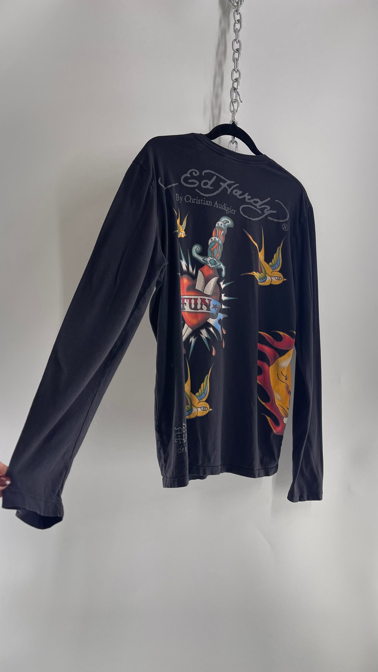 Rare Vintage Ed Hardy Pin Up Style Graphic Long Sleeve (Large)