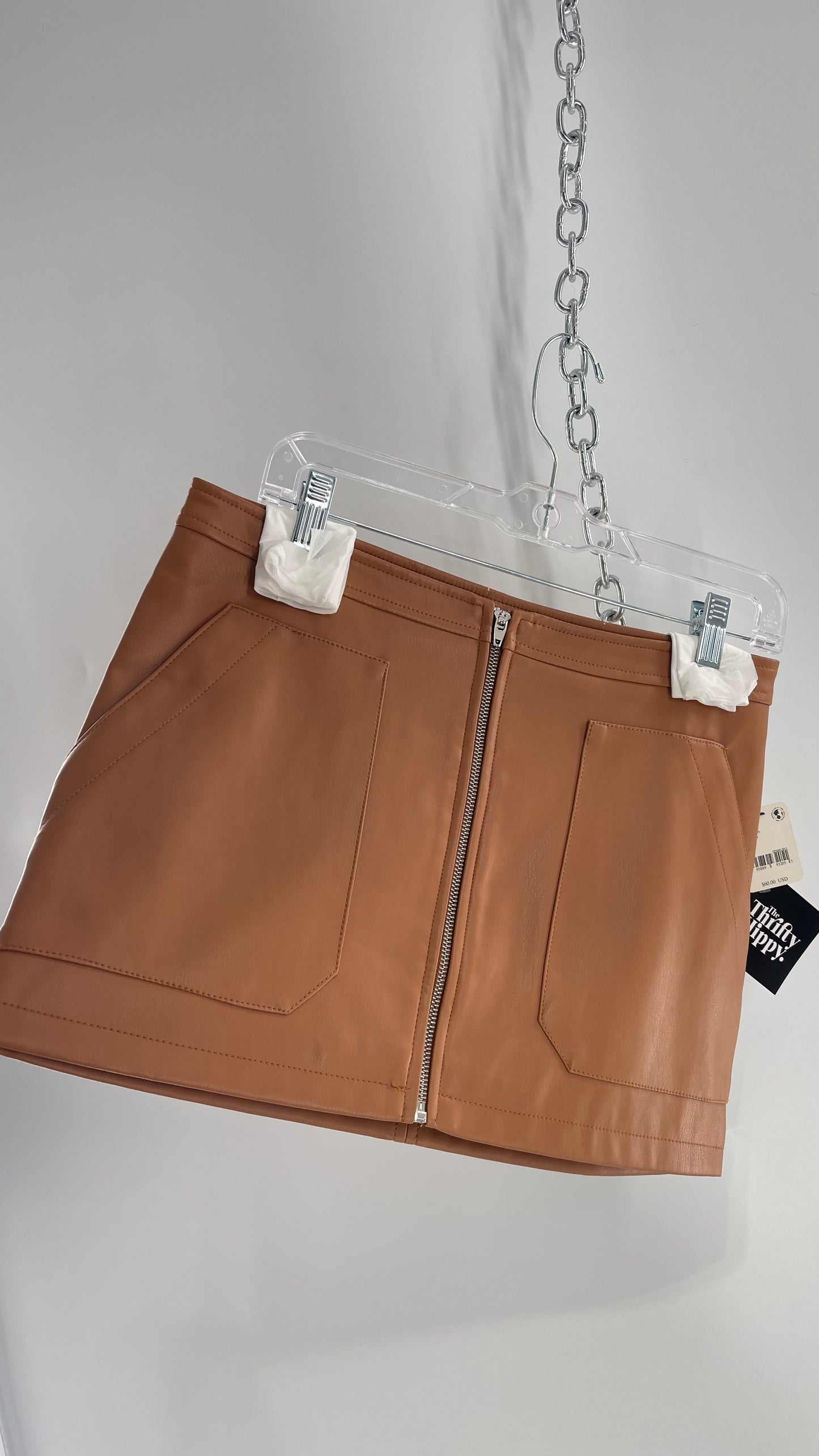 Free People Cognac Brown Vegan Leather Zip Front Skirt with Tags Attached (6)