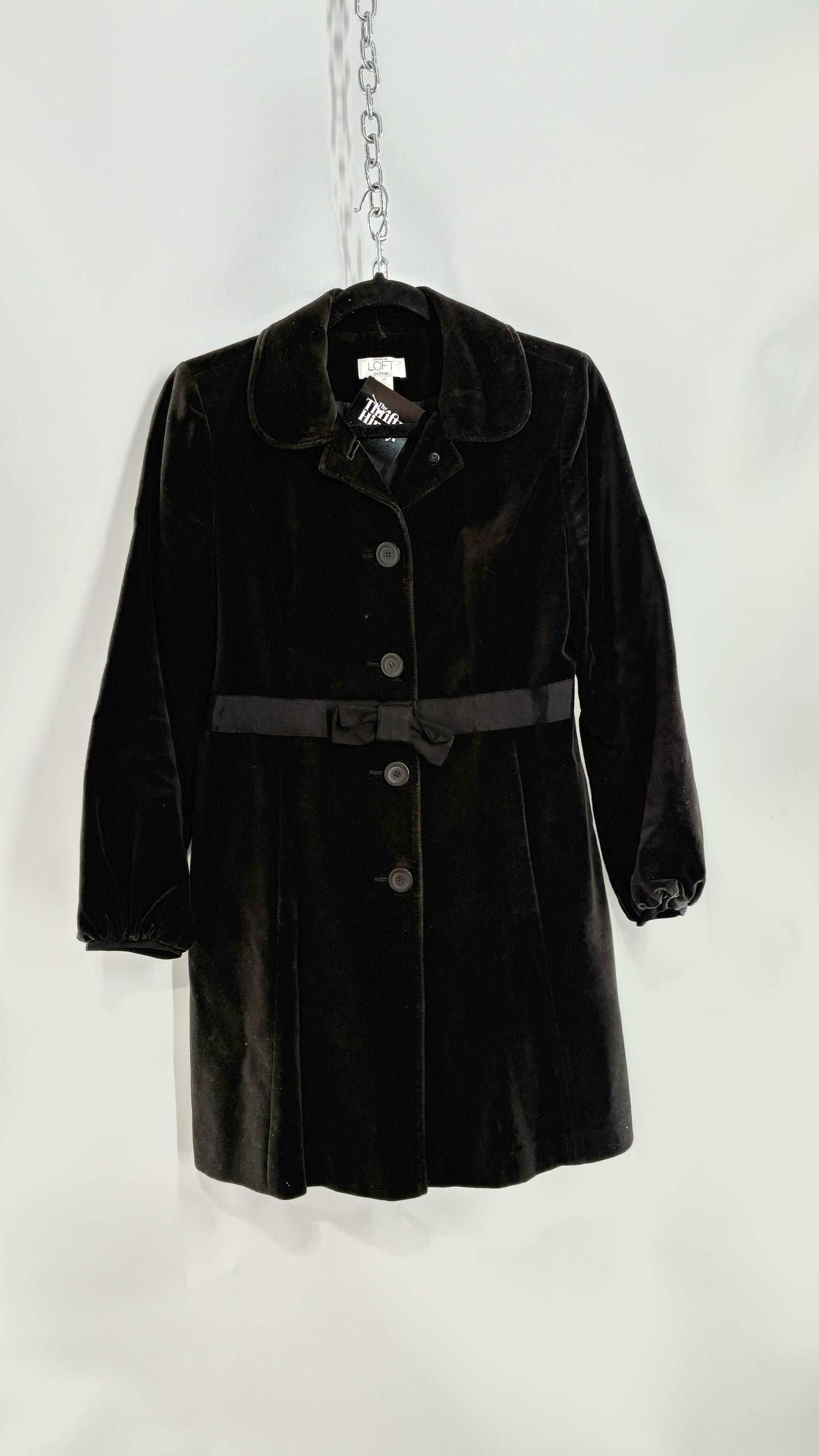 Vintage Ann Taylor Black Velour Bubble Sleeve Coat with Ribbon Bow Belt (4P)