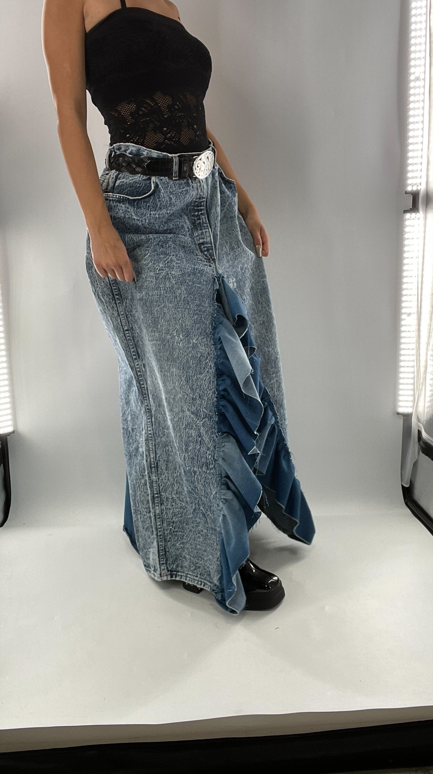 Custom Handmade Acid Wash Denim Slit Front Ruffled Skirt with Bow Bum (Large)