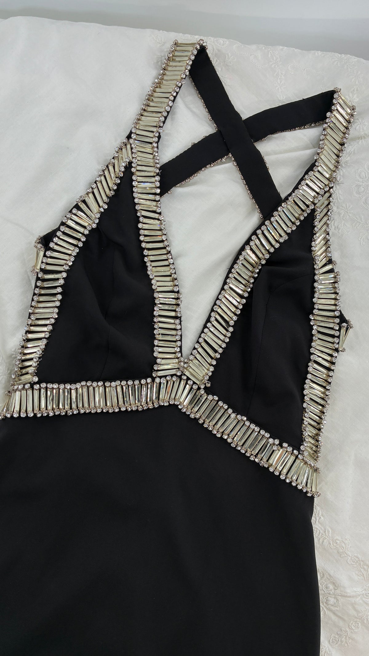 Vintage NBD Black Halter Dress Lined in Oversized Stones and Crystals (Small)