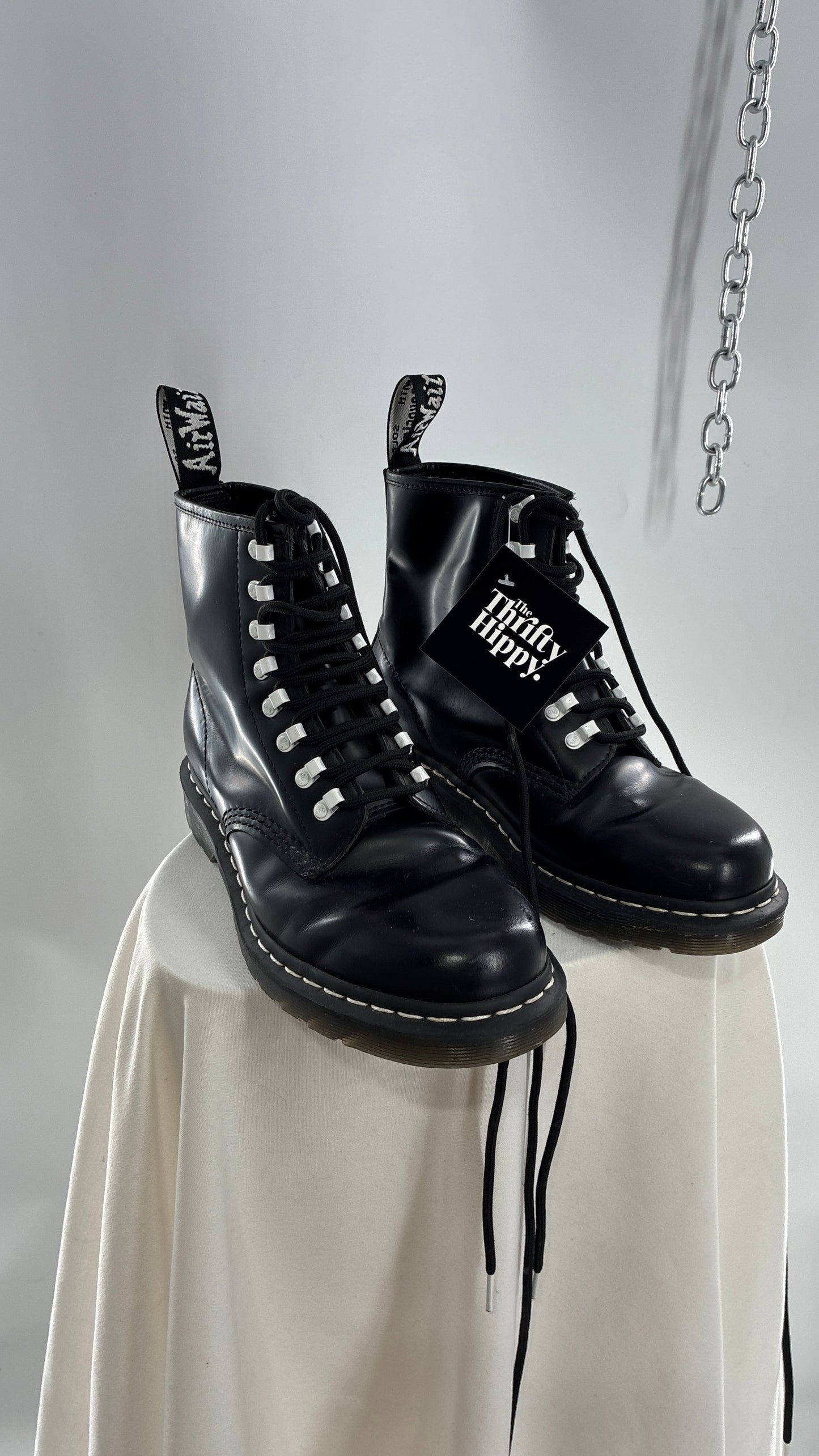 Vintage DR.MARTENS AirWair 1460 DISRUPT Black Patent Leather Boots with White Hardware (8L, 7M)