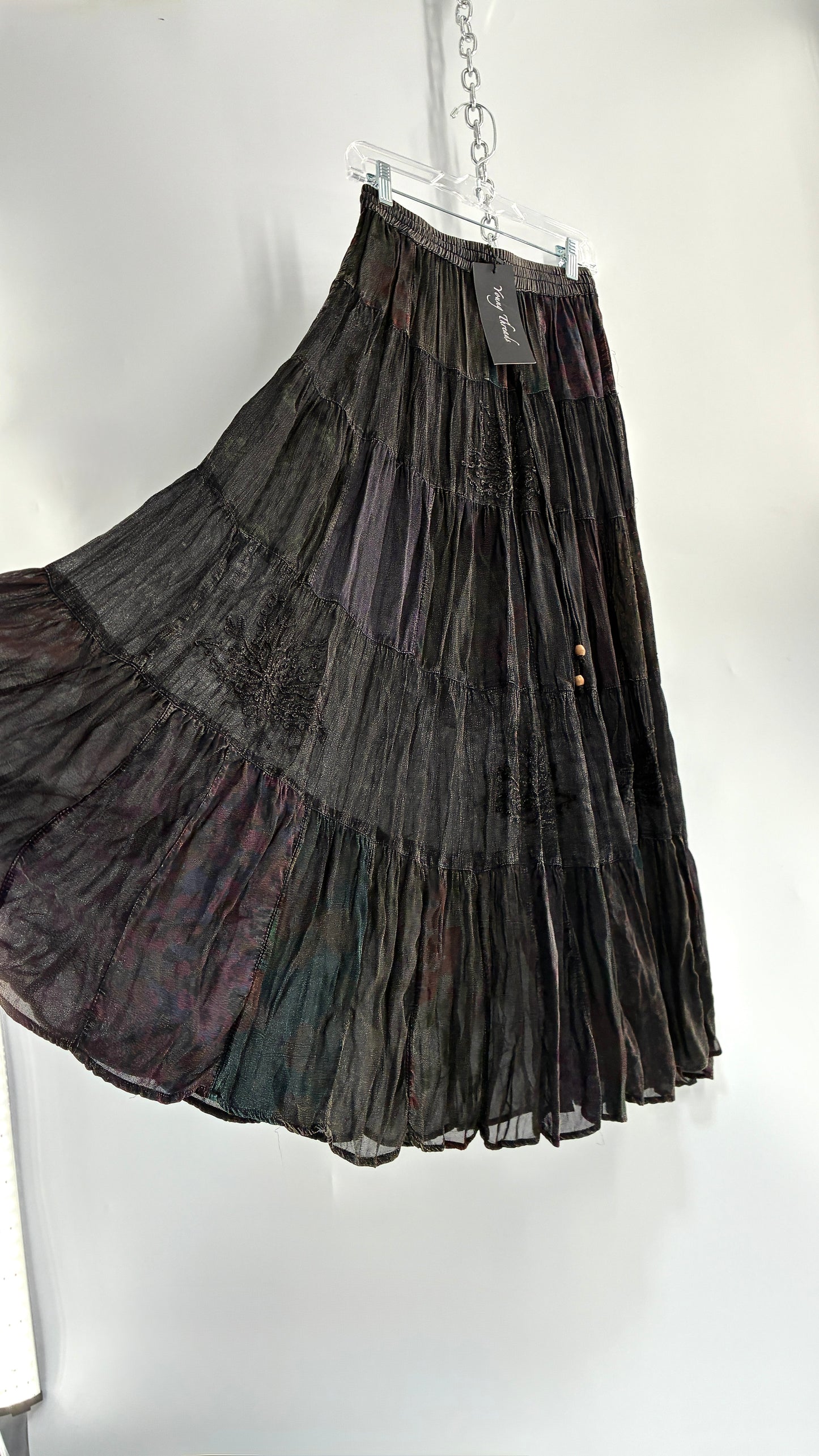 Deadstock Vintage Young Threads Charcoal Patchwork Maxi Skirt with Embroidered Details (Small)