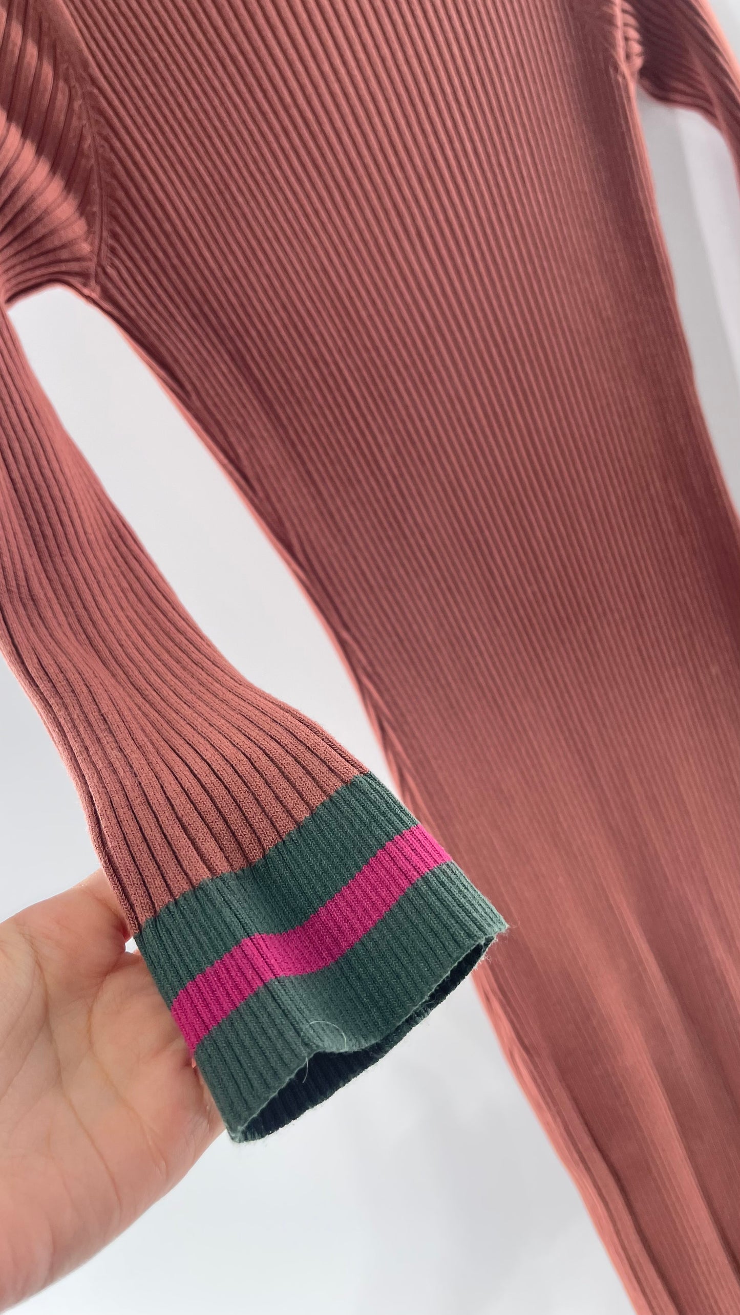 Current Air Los Angeles Brown Ribbed Knit Long Sleeve Button Front Dress with Fuchsia and Forest Green Striping (XS)