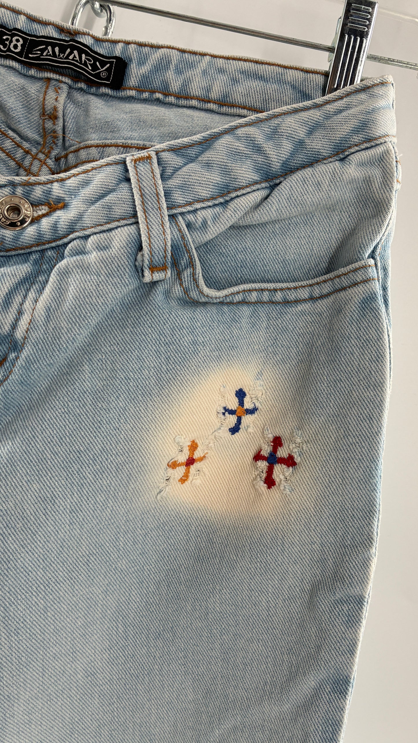 Vintage SAWARY Light Wash Brazilian Jeans with Fade and Embroidered Details (38)