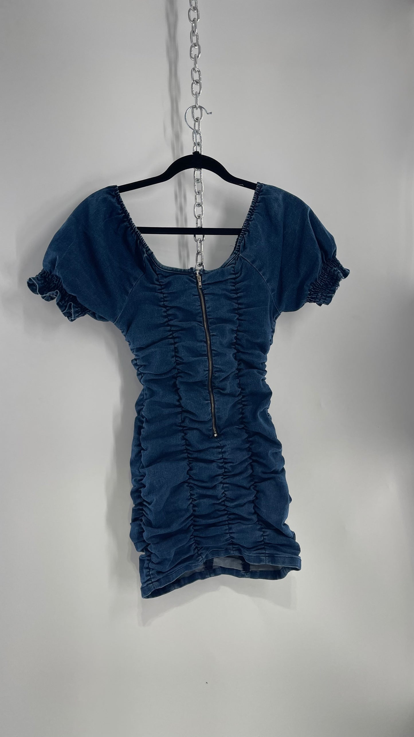 Vintage Medium Wash Denim Ruched Puff Sleeve Mini Dress (Small)